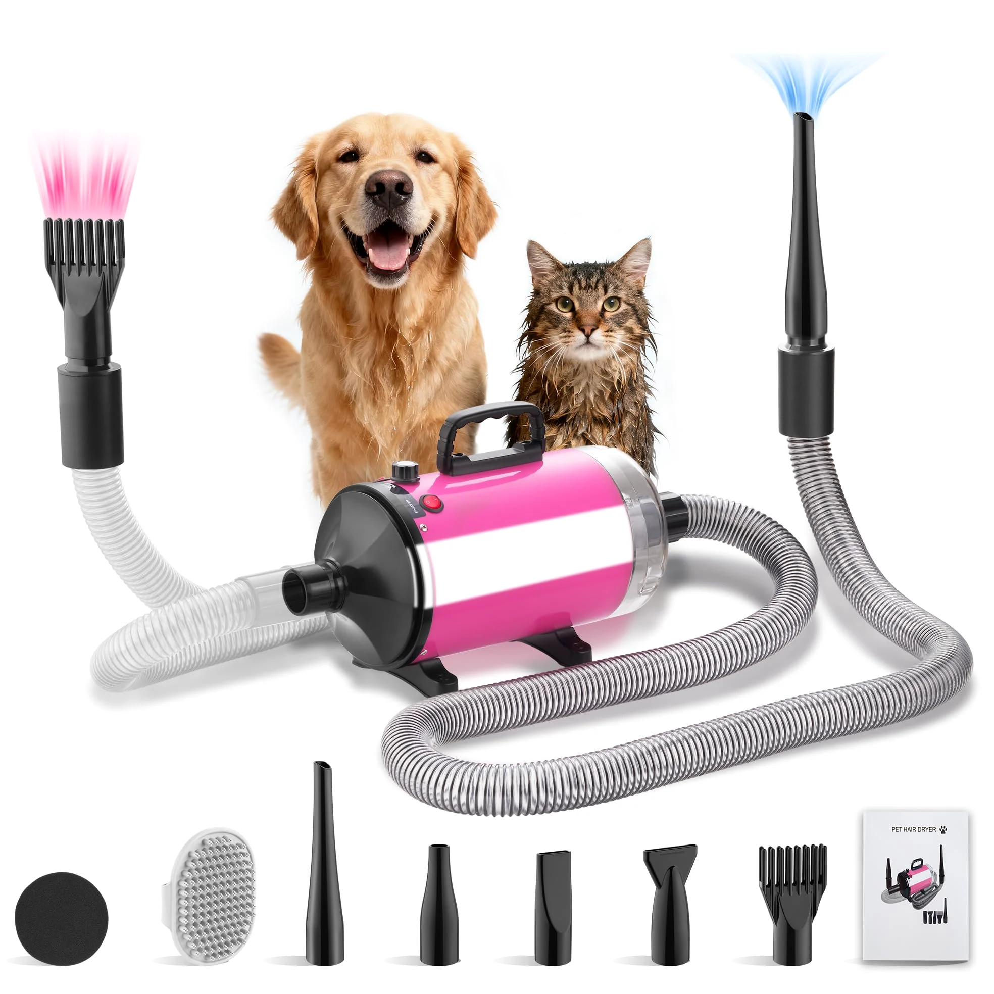 DEWINNER 3200W Asciugacapelli per Cani| Toelettatura e Aspirazione a Vuoto| Flusso d'aria e temperatura regolabili| Dotato di 5 Tubo Elastico| 1 Tubo Elastico e Spazzola per la Cura| Rosa