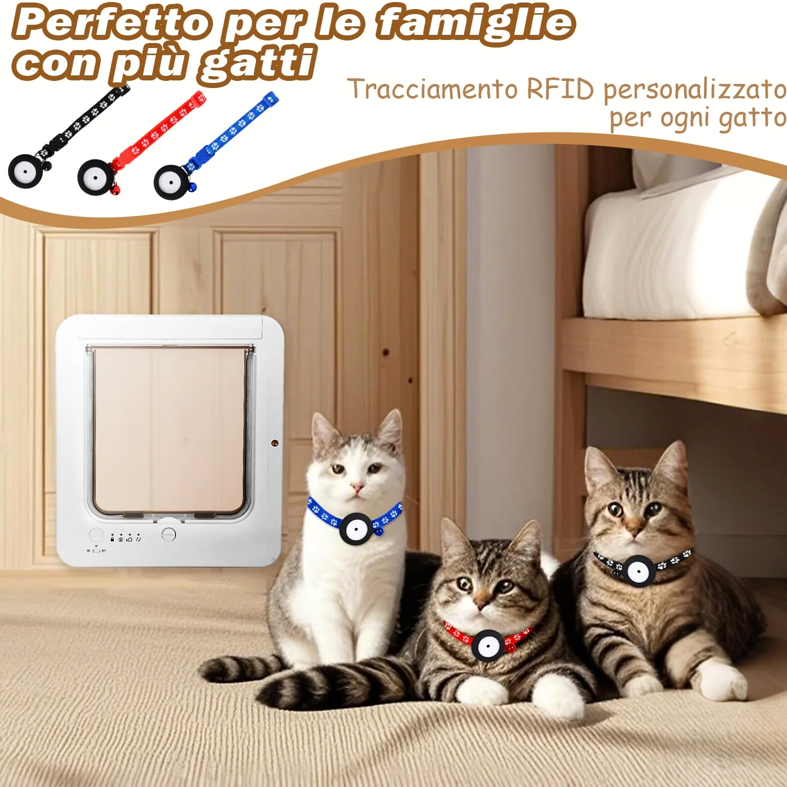 Gattaiola per Gatti Con Microchip, 3 Chiavi Con Sensore a Collare e 1 Telecomando, Porta per Gatti Con Chiusura a 4 Vie e Sensore a Collare RFID (Bianco)