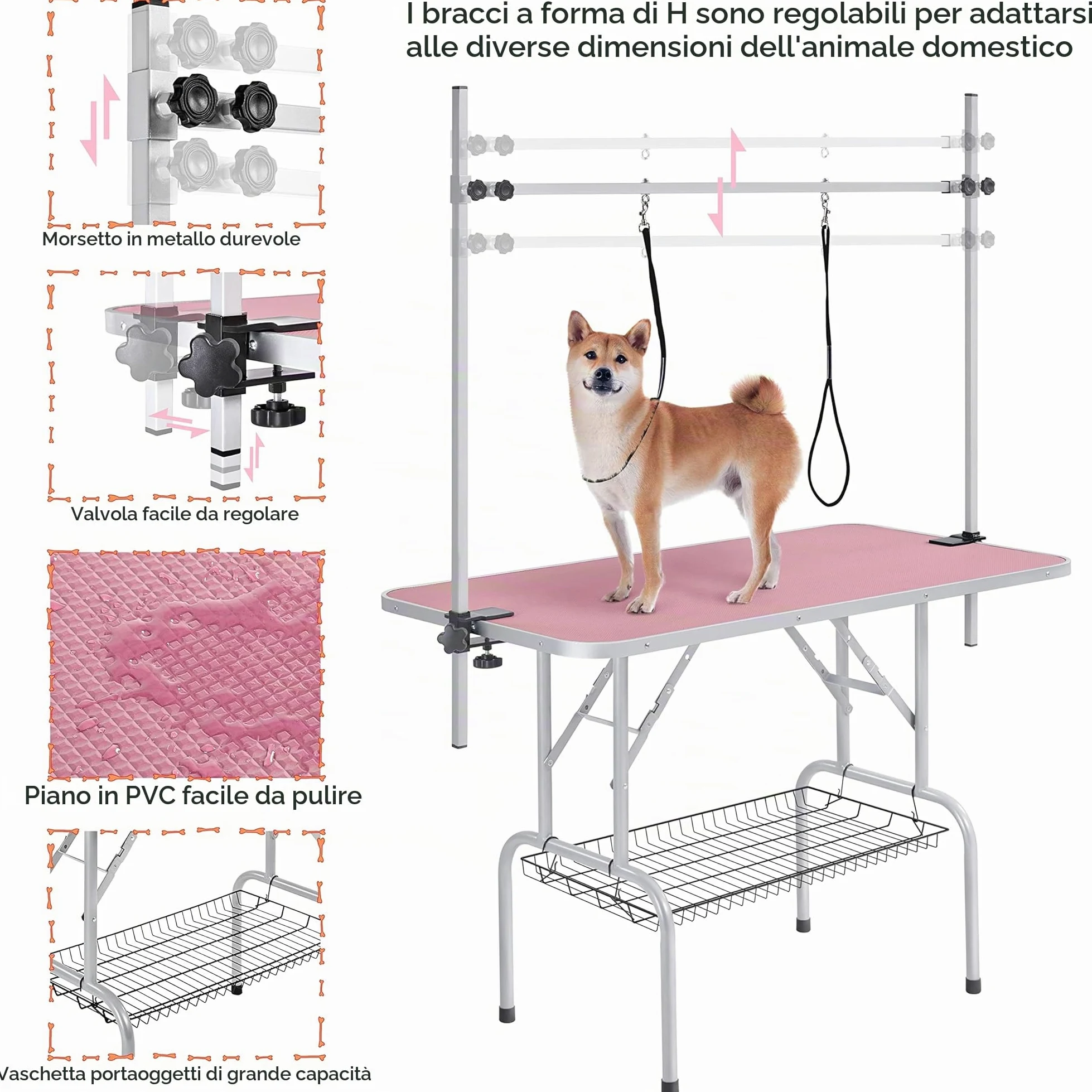 Yaheetech Tavolo da Toelettatura Cani Tosatura per Cani Gatti Animali Pieghevole Rosa 118 x 61 x 177 cm
