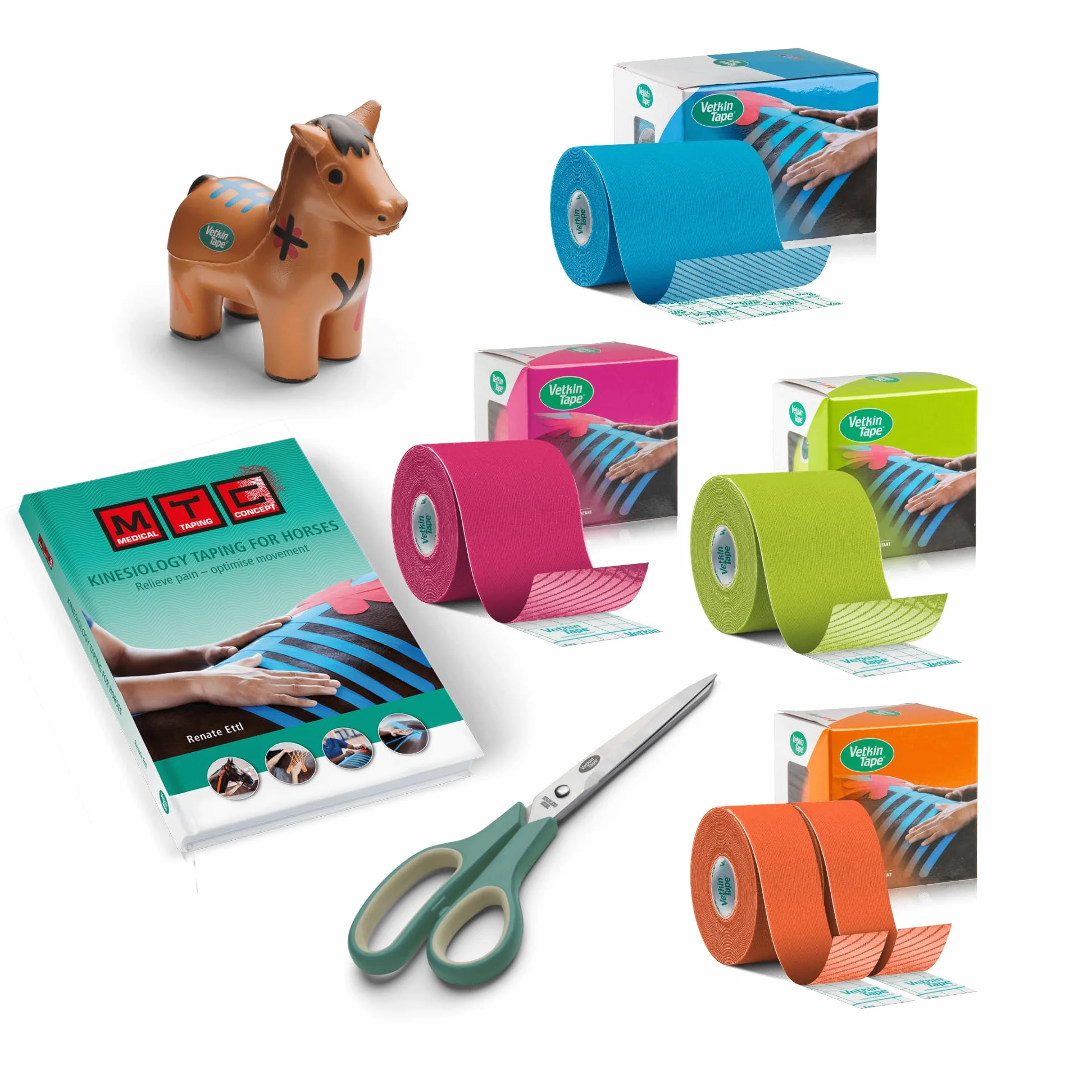 Vetkin Tape Kit Introduzione Equino | Nastro Kinesiologia Equina | Libro di Taping per Cavalli | 3 Dimensioni di Nastro Kinesiologia Veterinaria | Forbici Premium