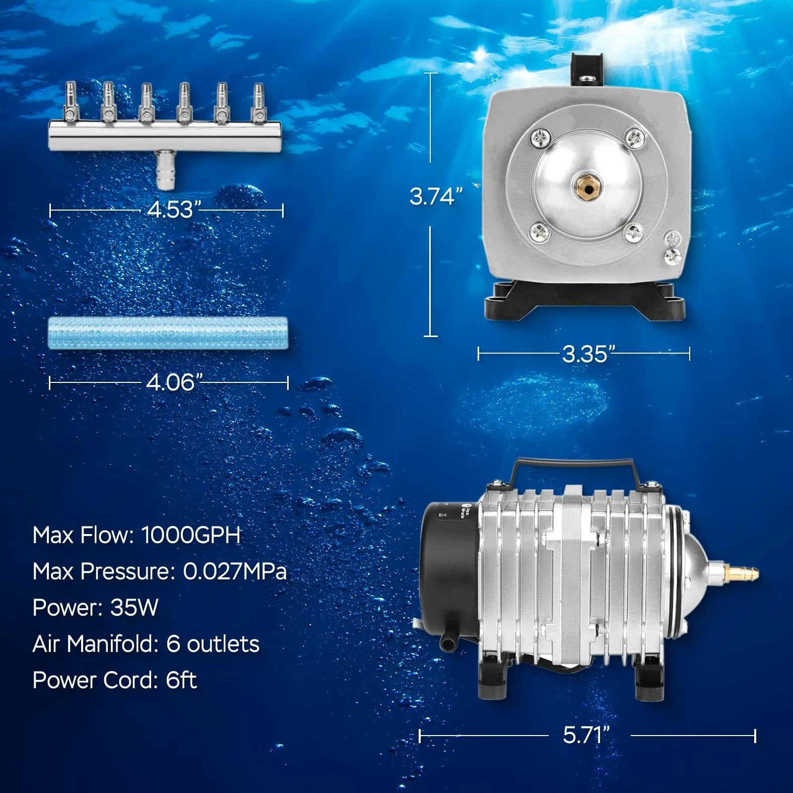 AquaMiracle - Pompa ad aria per acquario, pompa ad aria idroponica per laghetti, pompa ad aria idroponica, pompa ad aria commerciale da 1000 GPH