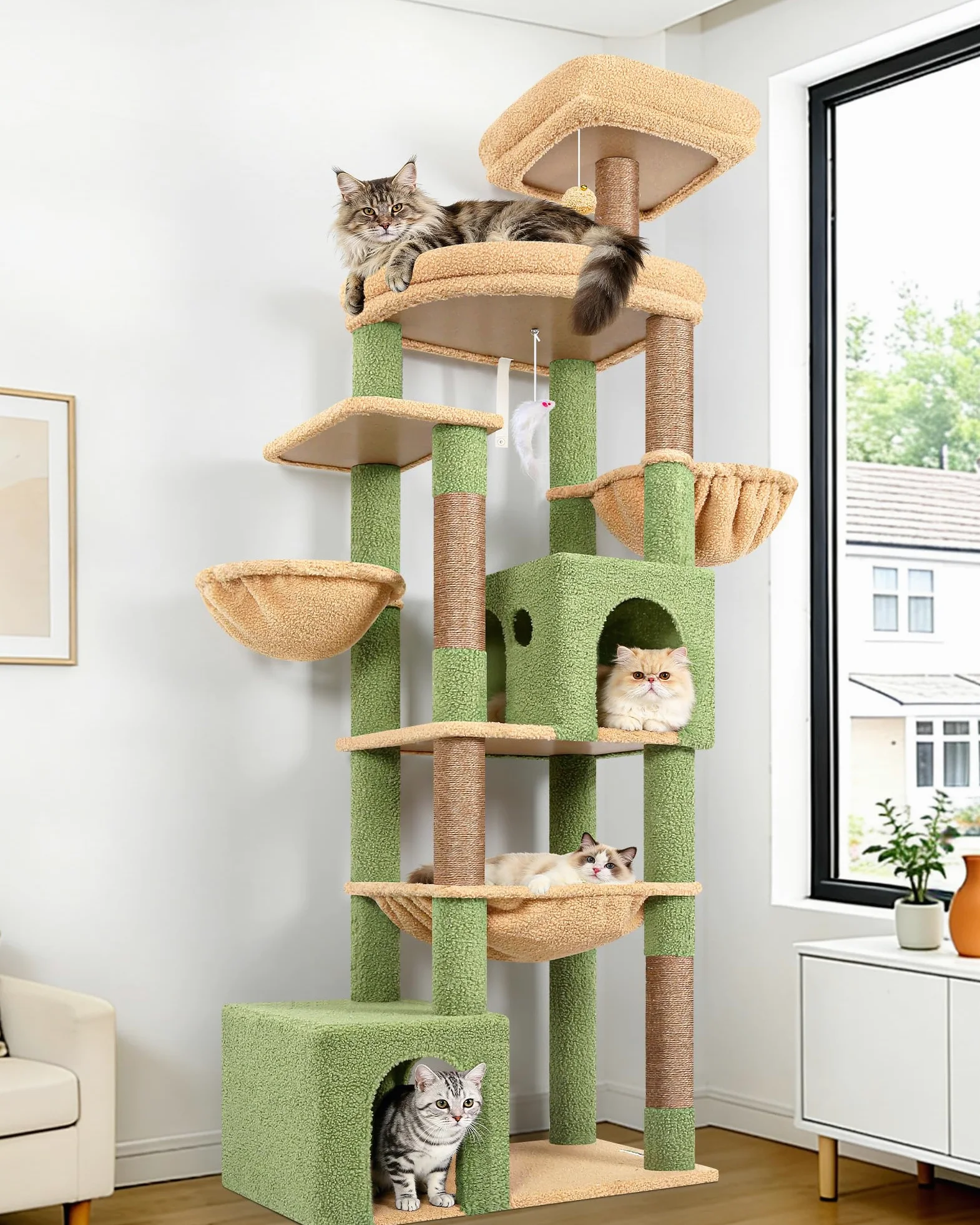 Globlazer Albero Tiragraffi per Gatti XXL 194 cm con 2 Grande Grotte, Immenso Amaca 50 * 40CM, Piattaforma Imbottiti, 2 Cestini, Trespoli, Enorme Cactus Tiragraffi per 3-5 Gatti Adulti (S76B, Verde)