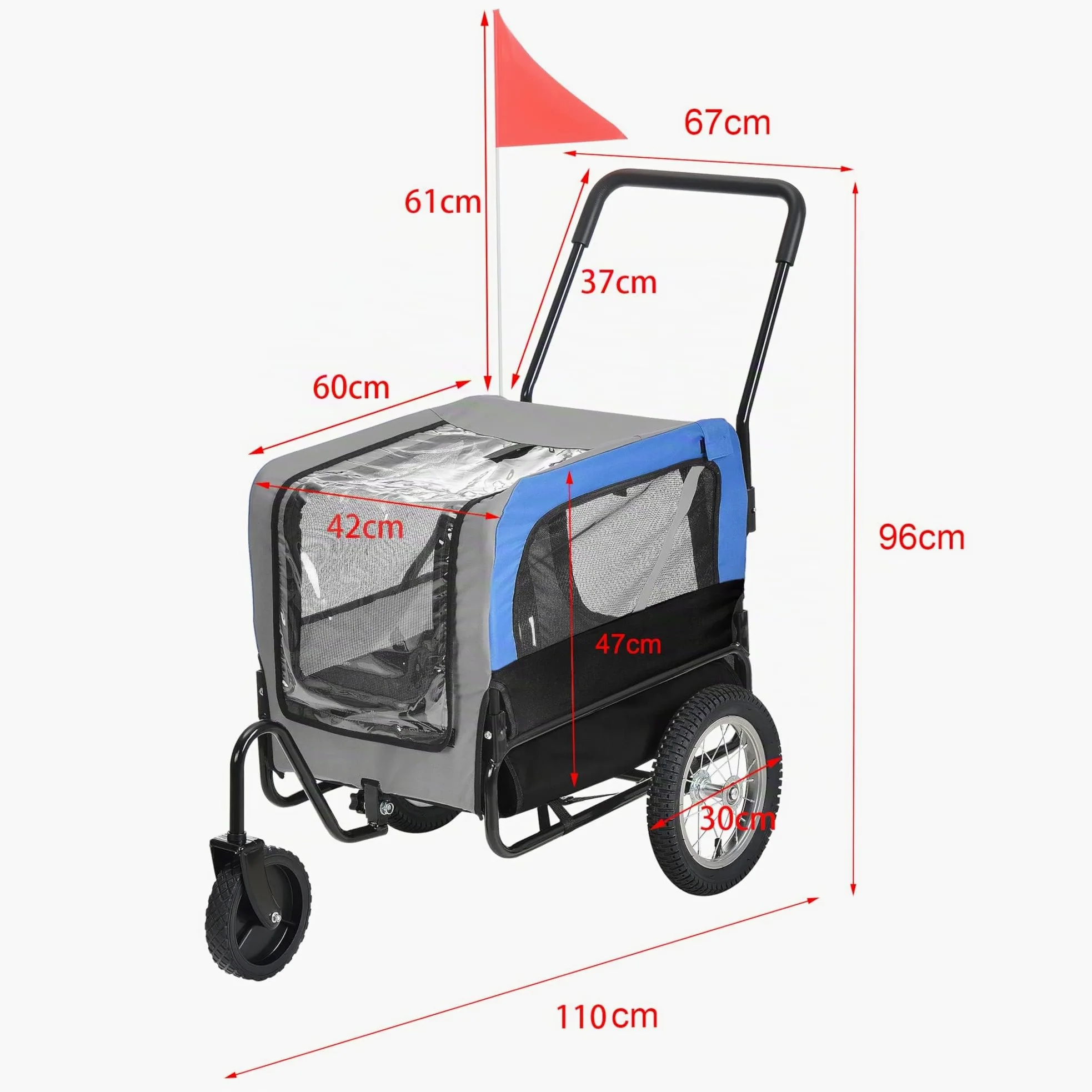 pro.tec Rimorchio 2 in 1 per Bicicletta e Passeggiata per Cani e Animali Domestici Fino a 20 kg Carrello con Ruote Pneumatiche Copertura Impermeabile - Blu-Grigio-Nero
