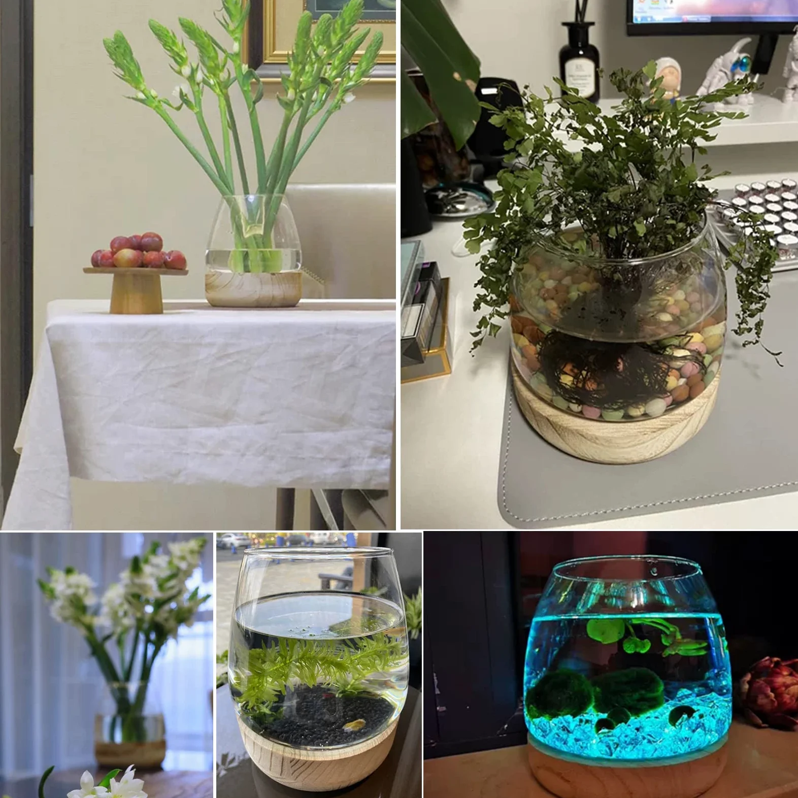 Vaso per Pesci in Vetro Con Base in Legno Staccabile, Piccolo da Tavolo per Piante Idroponica, Terrario Acquario Ecologico, Fiori (A)