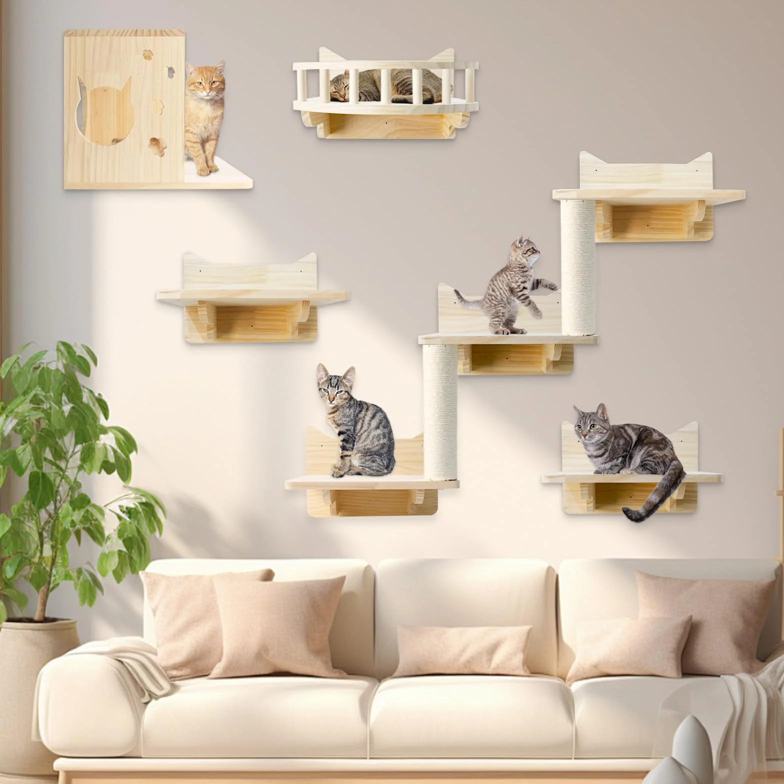 Mensole da Parete per Gatti, Set da 5 Mobili da Parete per Gatti, Includere Mensole, Posatoi, Scaletta, Tiragraffi e Casetta per Dormire, Giocare