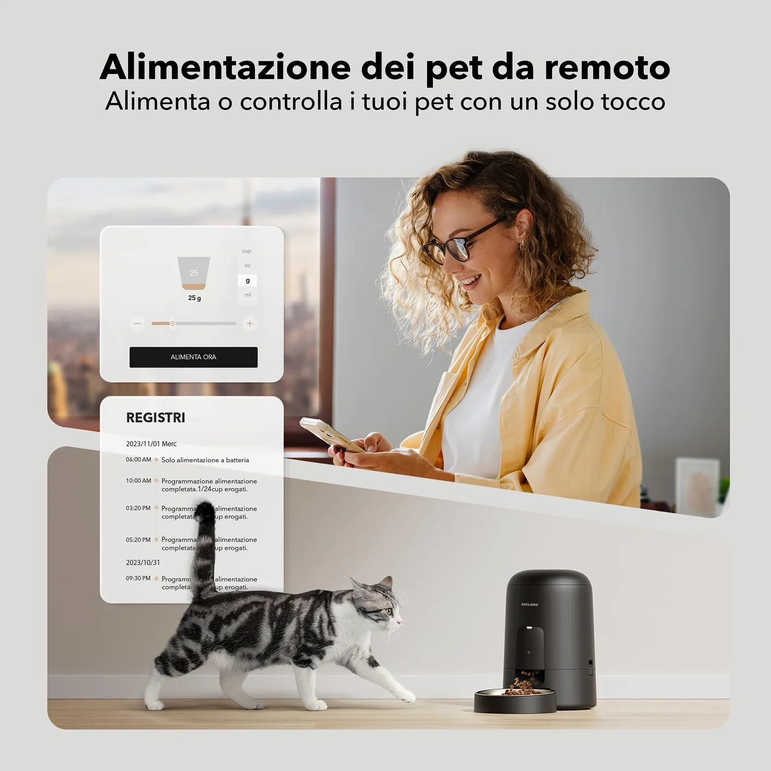 PETLIBRO 2.4G WiFi Distributore Automatico Cibo Gatti con Batteria, Distributore Automatico Cibo Cani Senza Fili in Acciaio Inox, Mangiatoia Intelligente per Gatto, APP Controllo, 1-10 Pasti, 2L,Nero