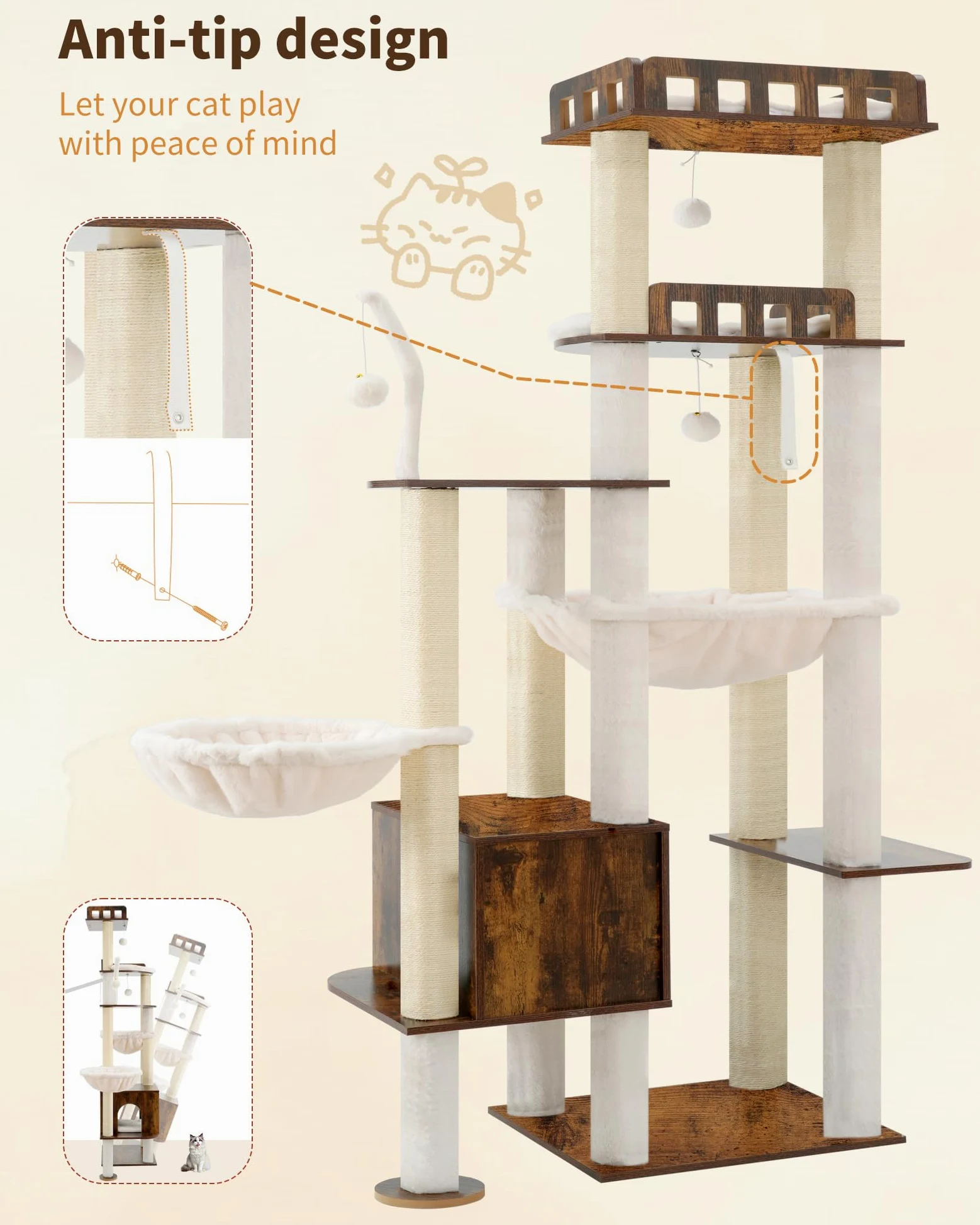 Heybly Tiragraffi per Gatti, Albero in Legno da 179 cm per Gatti Grandi, Struttura Ultra-Stabile, Arredo Moderno con Rivestimento in Sisal Totale, Condo e Amache, Marrone Vintage HCT121SR