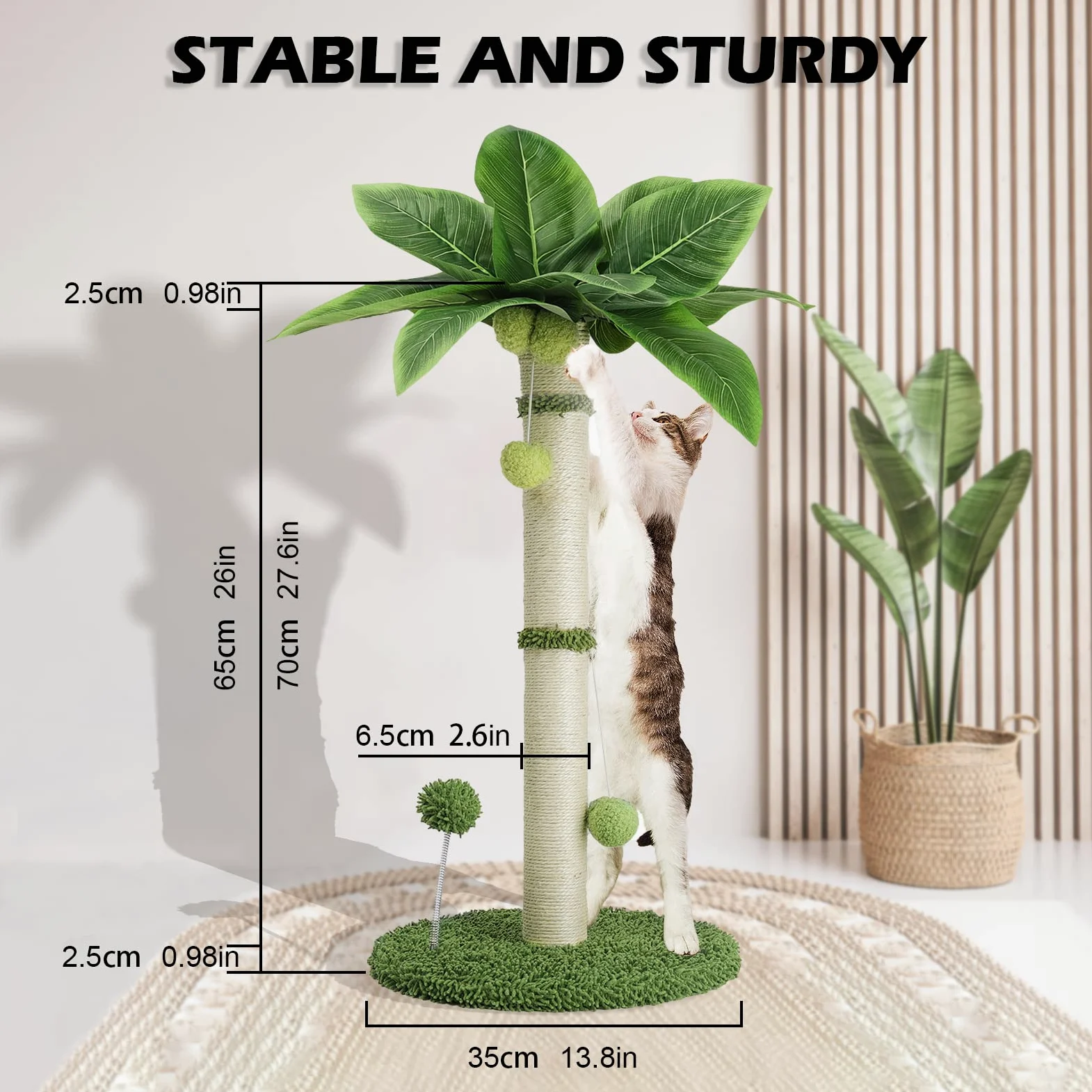 Tiragraffi Per Gatti Rampicante In Sisal Premium, Con Foglie Palla Appesa E Palla A Molla, Adatto A Interno (65cm)