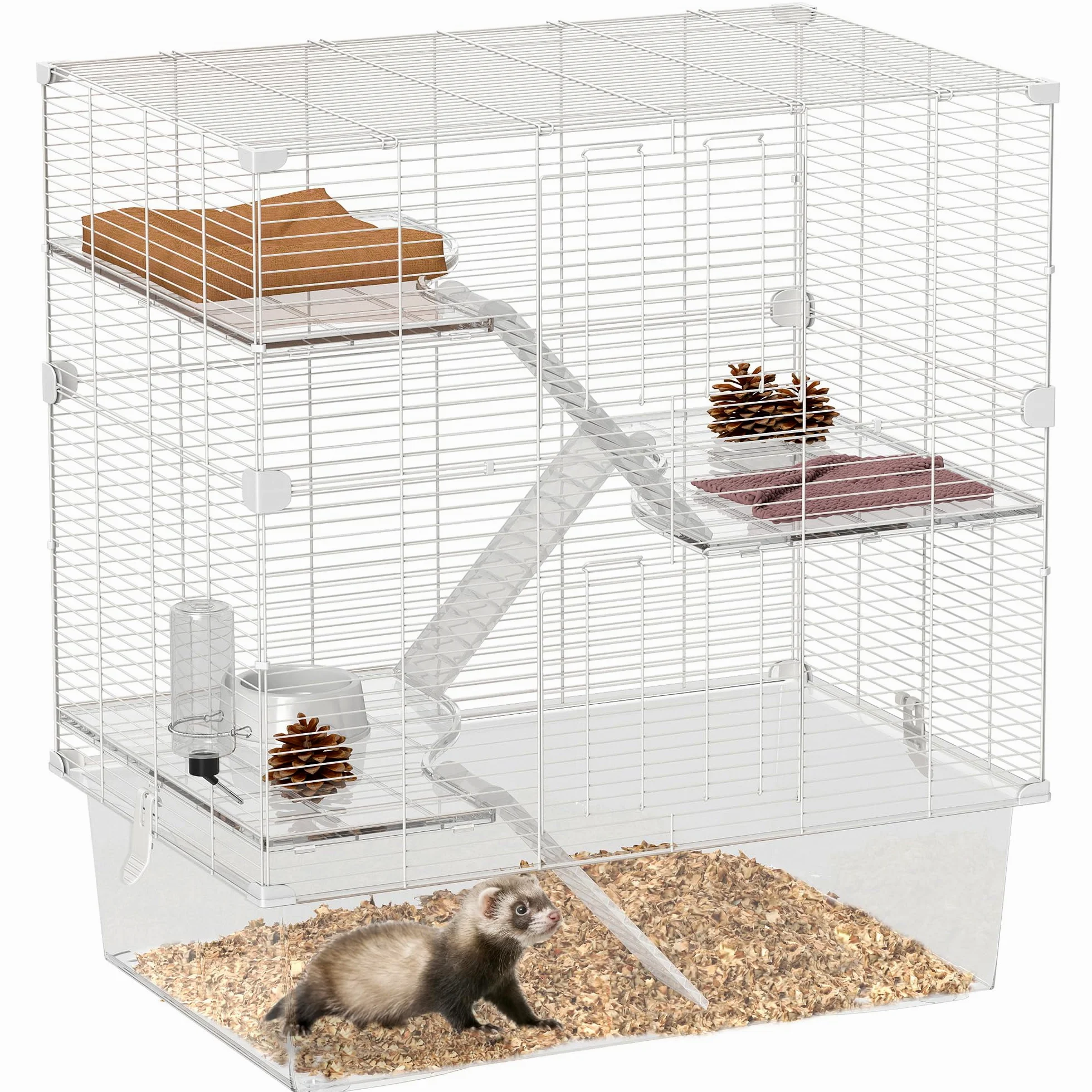 PawHut Gabbia per Roditori Multilivello con Accessori Inclusi, Gabbia per Criceti in Acciaio, PET e PS, 73x47x80 cm, Bianco