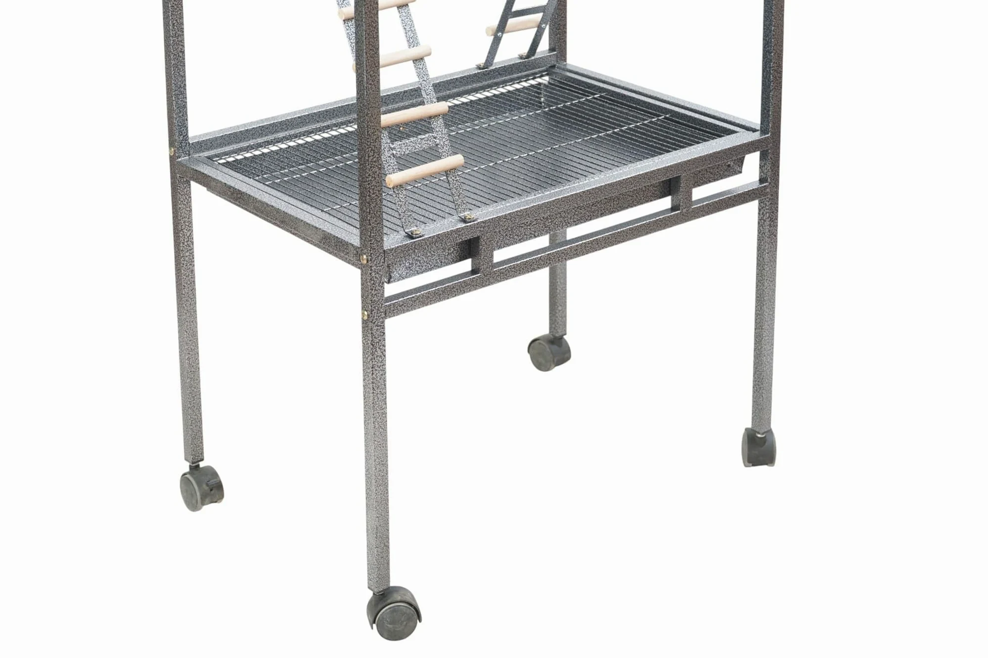 Pet's Solution - Trespolo per Pappagalli Grande e Stabile, Area Gioco con Scale, Posatoi, Mangiatoie in Acciaio, Griglia e Vassoio Estraibile, 4 Ruote, Color Nero Martellato – 64,5x44,5x154h cm
