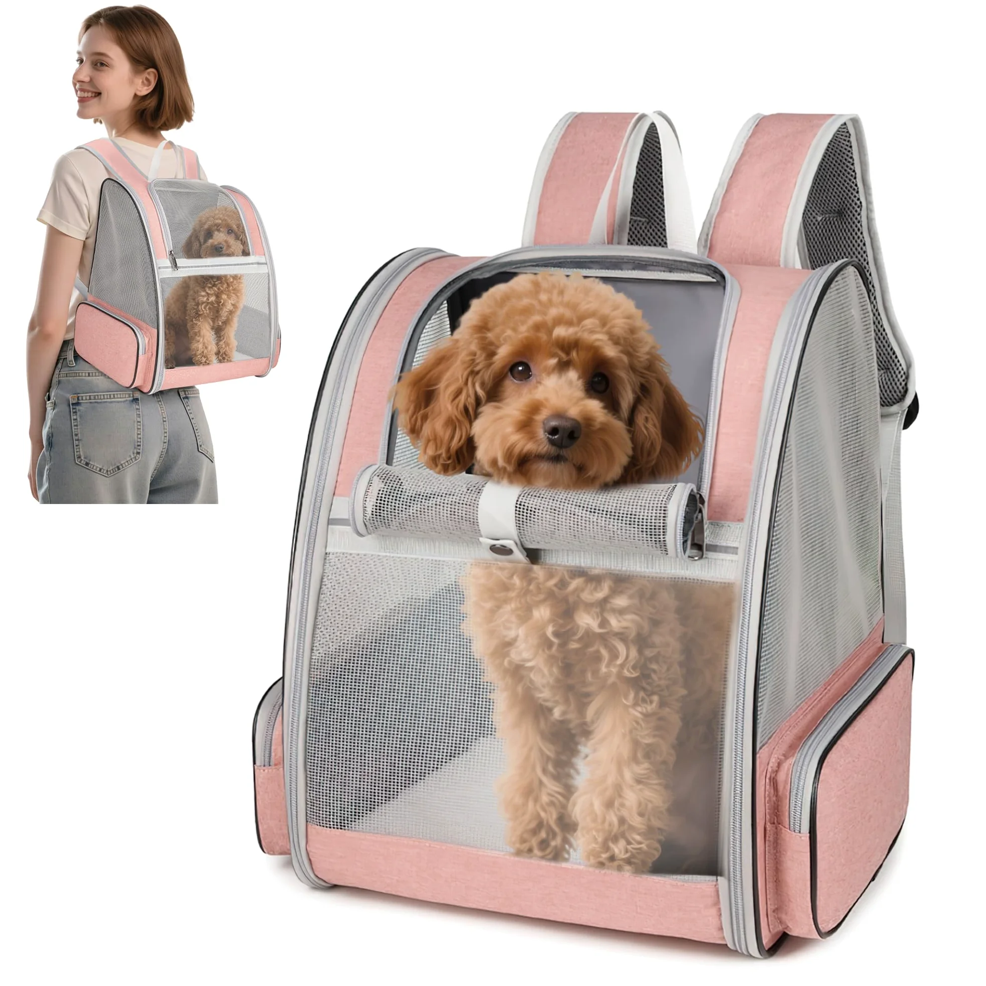 ALLSOPETS Zaino Trasportino per Cani Gatti Zaino per Cani Traspirante Zaino Pieghevole per Gatti e Cuccioli con Cinghie di Sicurezza Ideale per Viaggi Escursioni e All'aperto (Rosa Nebbia)
