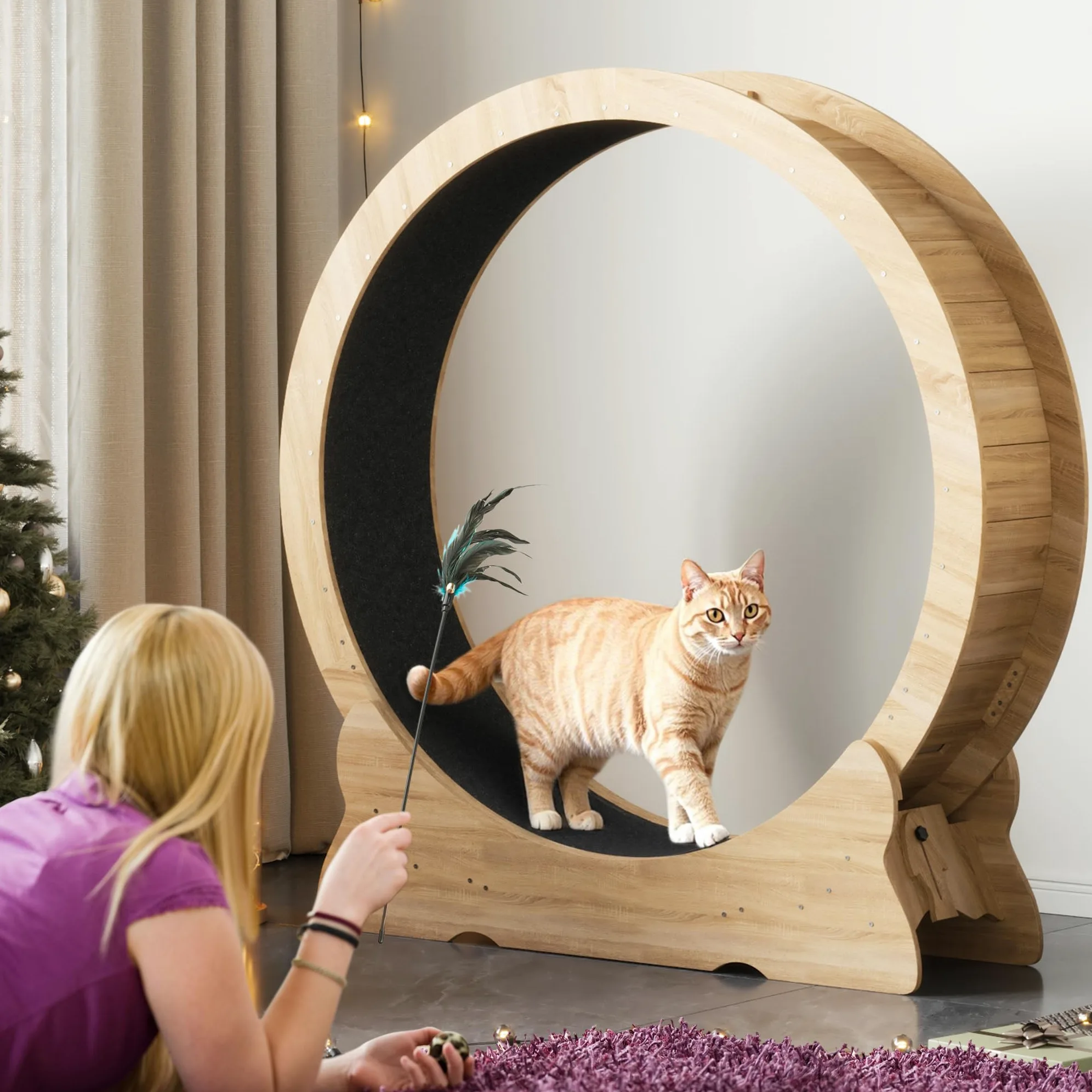 Mondeer Ruota per gatti, 110 cm, XL, tapis roulant con tappeto rimovibile e teaser per gatti, per corsa, camminata e allenamento (legno naturale)