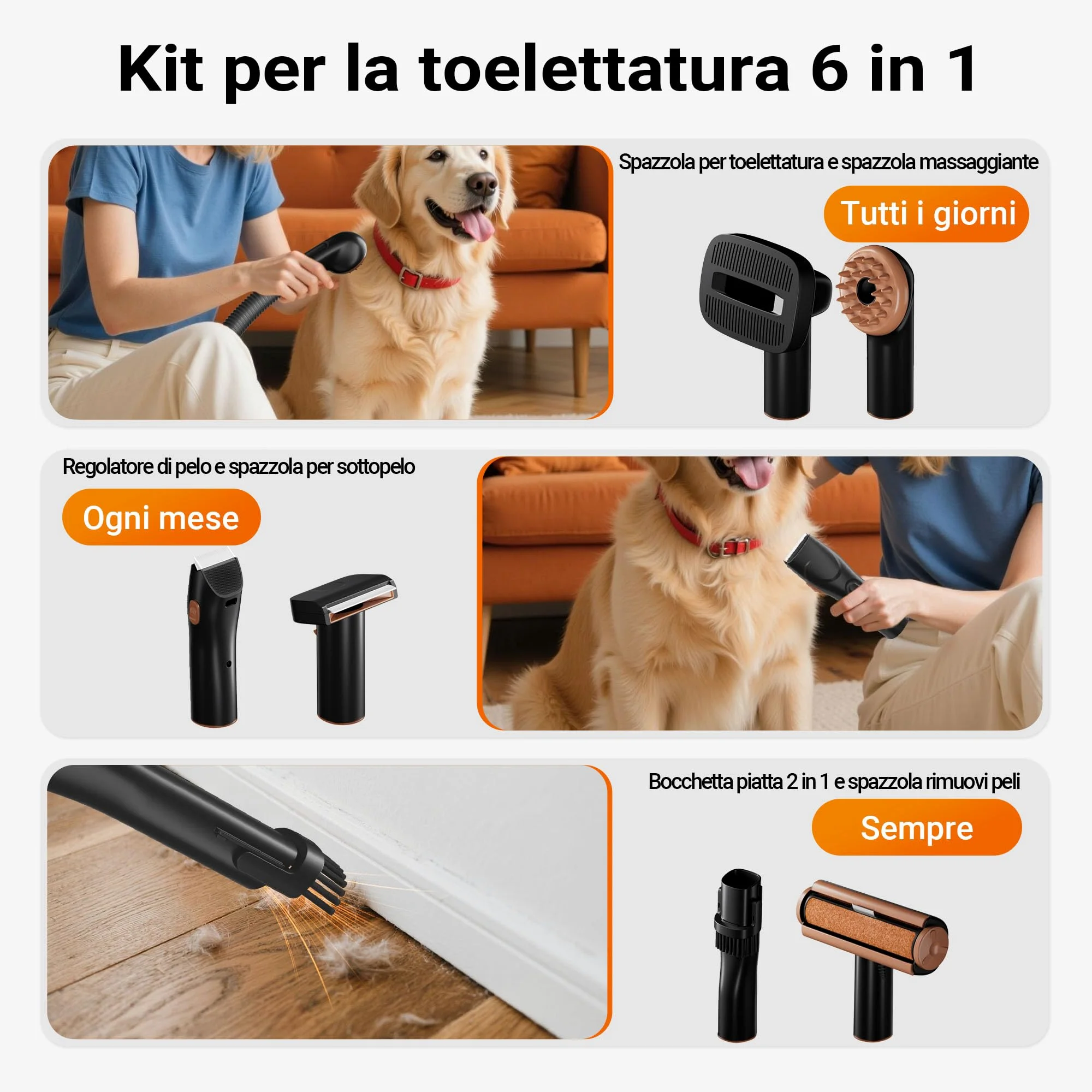Fudajo Set per toelettatura di animali domestici 6 in 1, aspira peli per cani e gatti, tosatrice per cani, con accessori per la cura del pelo, colore nero
