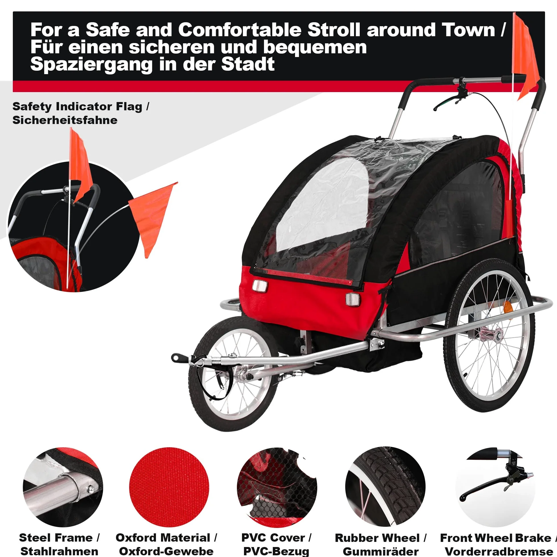 Jago® Rimorchio per Bicicletta - 2 Posti, da Bambini 12+ Mesi, Fissaggio a 5 Punti, Pieghevole, Tasche Laterali, Carico Massimo 40kg, in 3 colori - Carrellino Cani, Passeggino