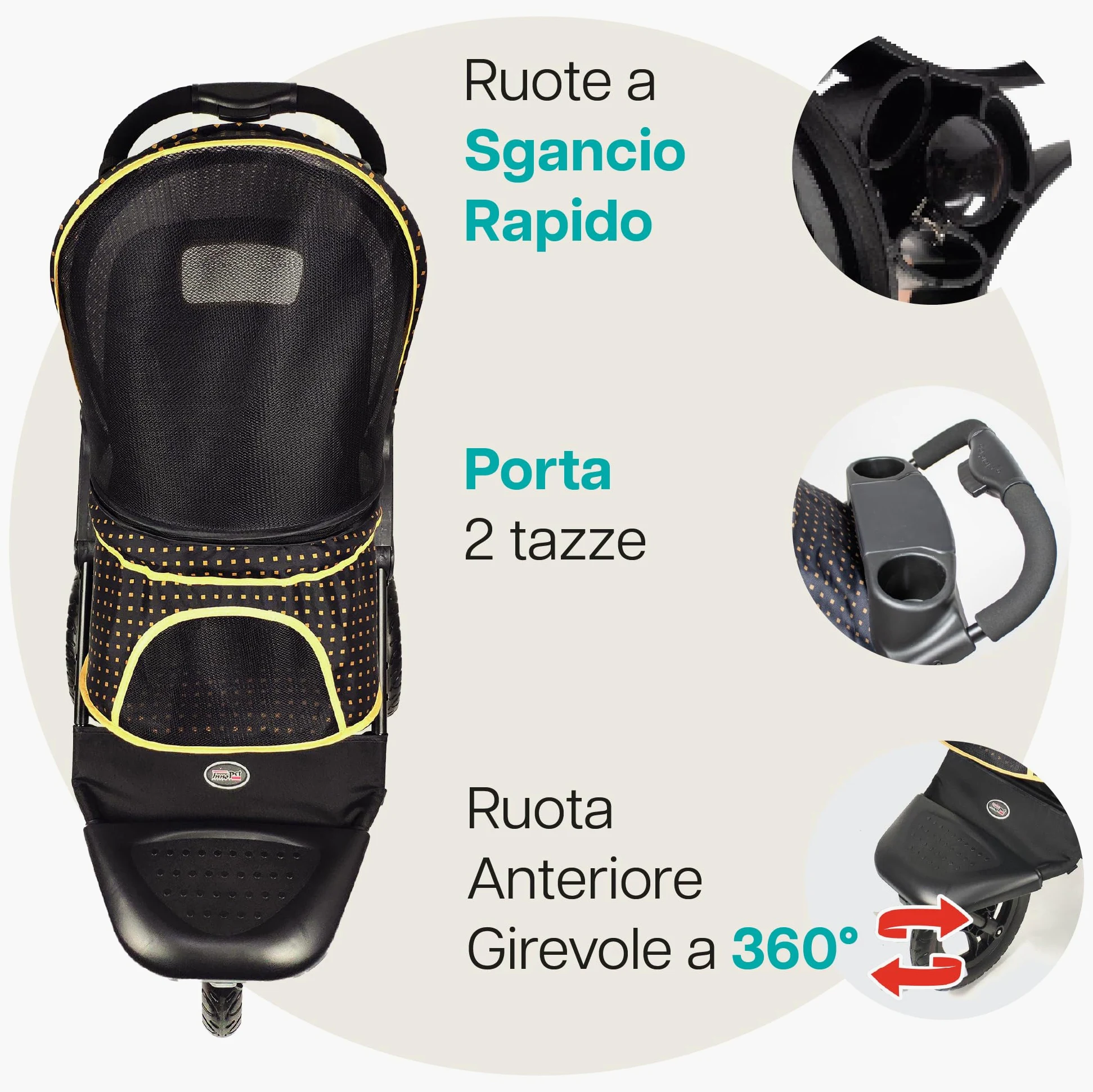 Passeggino Innopet Adventure per cani e gatti, nero/giallo - Passeggino fuoristrada Capacità 30 kg - Ruote antiforatura - Chiusura con una sola mano - Portabicchieri e ampio vano portaoggetti
