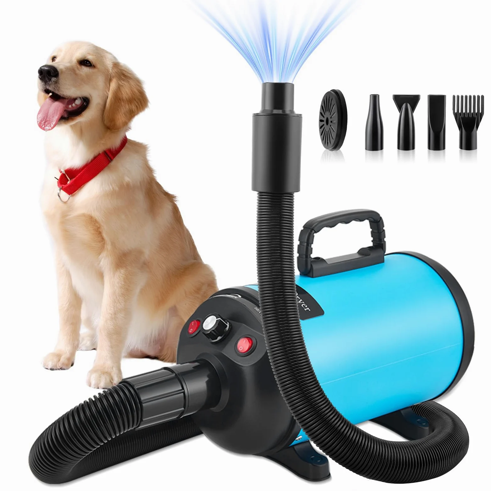 Asciugacapelli per cani, asciugacapelli per cani, 3800 W/4,5 CV, asciugacapelli professionale per la cura del pelo, regolazione continua della velocità, a basso rumore, con 4 diversi ugelli, tubo