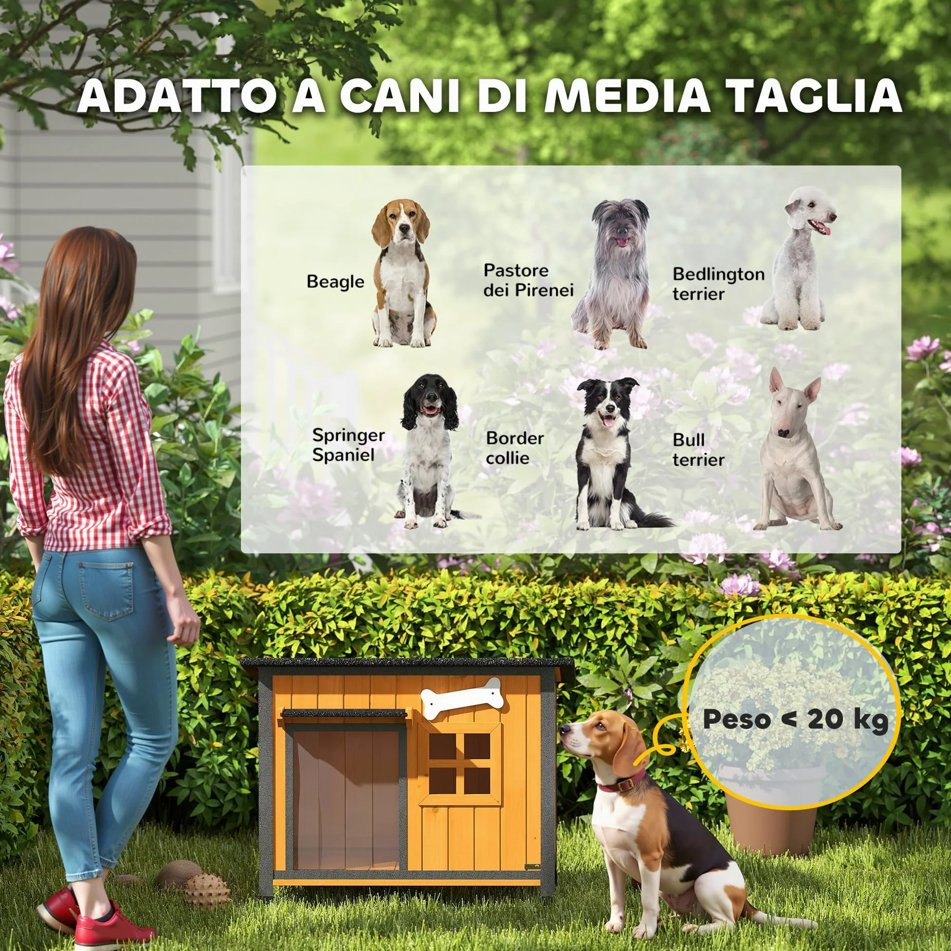 PawHut Cuccia per Cani da Esterno in Legno e Acciaio Anti-Morso, Casetta per Cani Rialzato con Tetto Spiovente Apribile e Impermeabile, Pavimento Rimovibile, Tenda per Porta, Tettoia, 84.5x62x65 cm