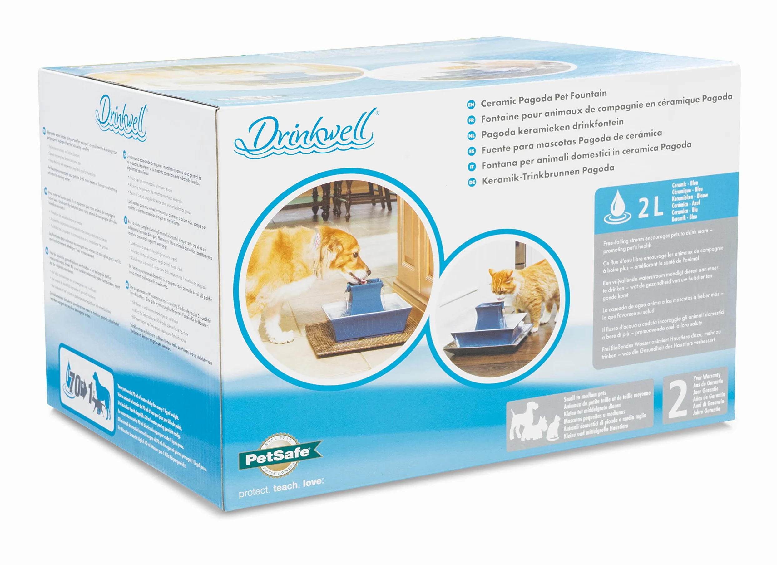 PetSafe Drinkwell Pagoda - Fontana per Bere per Cani e Gatti in Ceramica, Design Minimalista per Uso Domestico e Capacità di 2 Litri - Blu