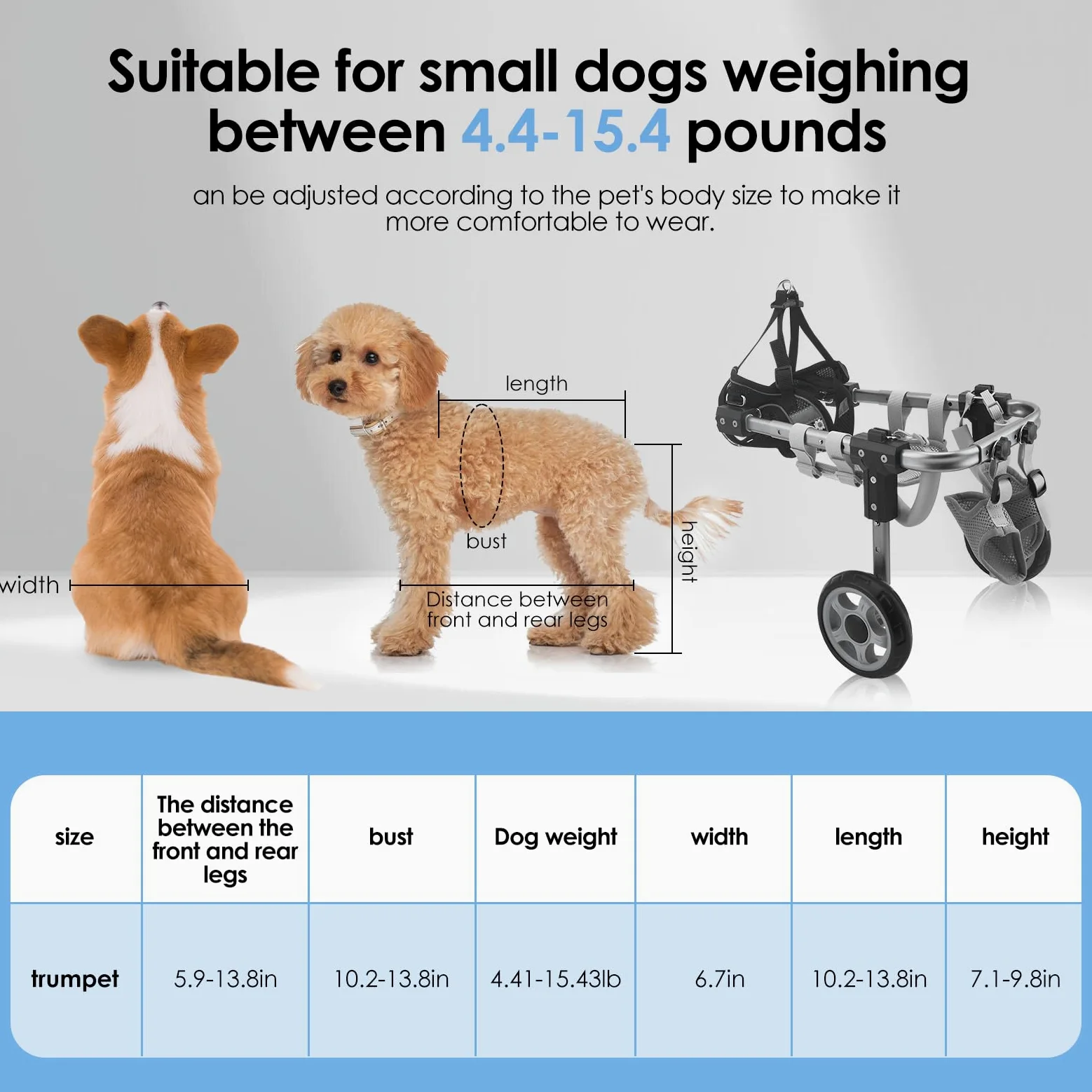 Sedia a Rotelle per Animali Domestici in Alluminio Regolabile, Carrellino per Cani Disabili Feriti Zampe Posteriori, Ruote Silenziose per Cani 2-7kg, Materiale ABS Resistente per Riabilitazione