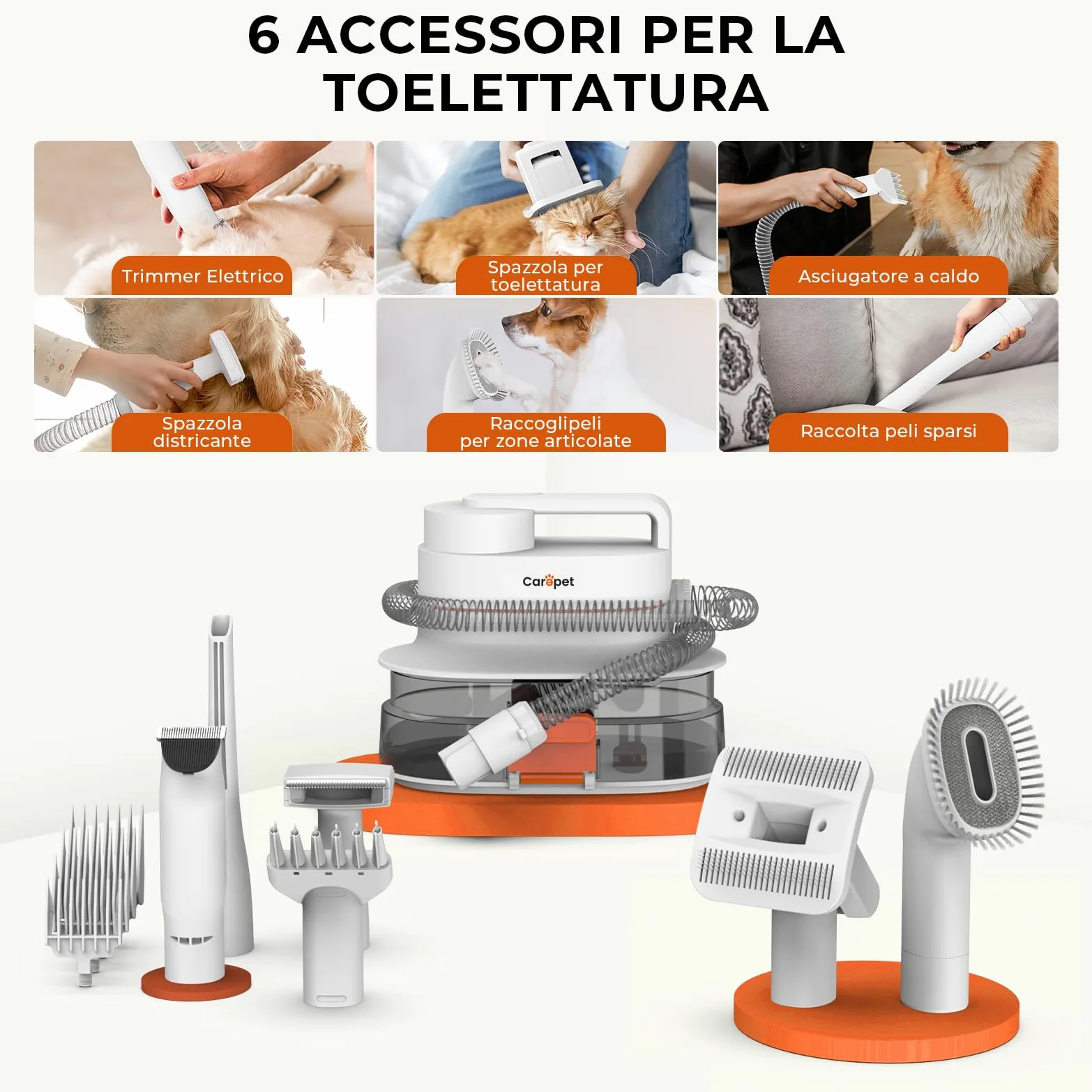 CAREPET Kit Toelettatura Asciugatura e Aspira peli Cane e gatto Per Animali Domestici - Tosatrice per Cani e Gatto Pelo Lungo Professionale - Strumenti per la toelettatura Depilazione Aspira peli