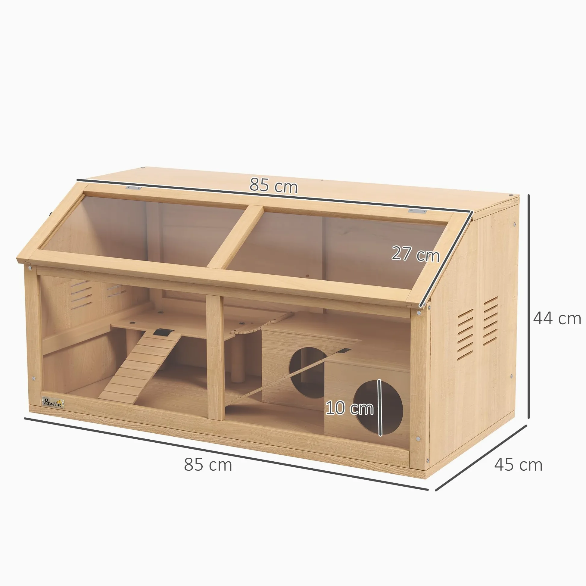 PawHut Gabbia per Criceti Apribile con Piattaforma, Scalette, Capanna e Ponte, Gabbia per Roditori in Legno di Abete, 85x45x44 cm, color Legno