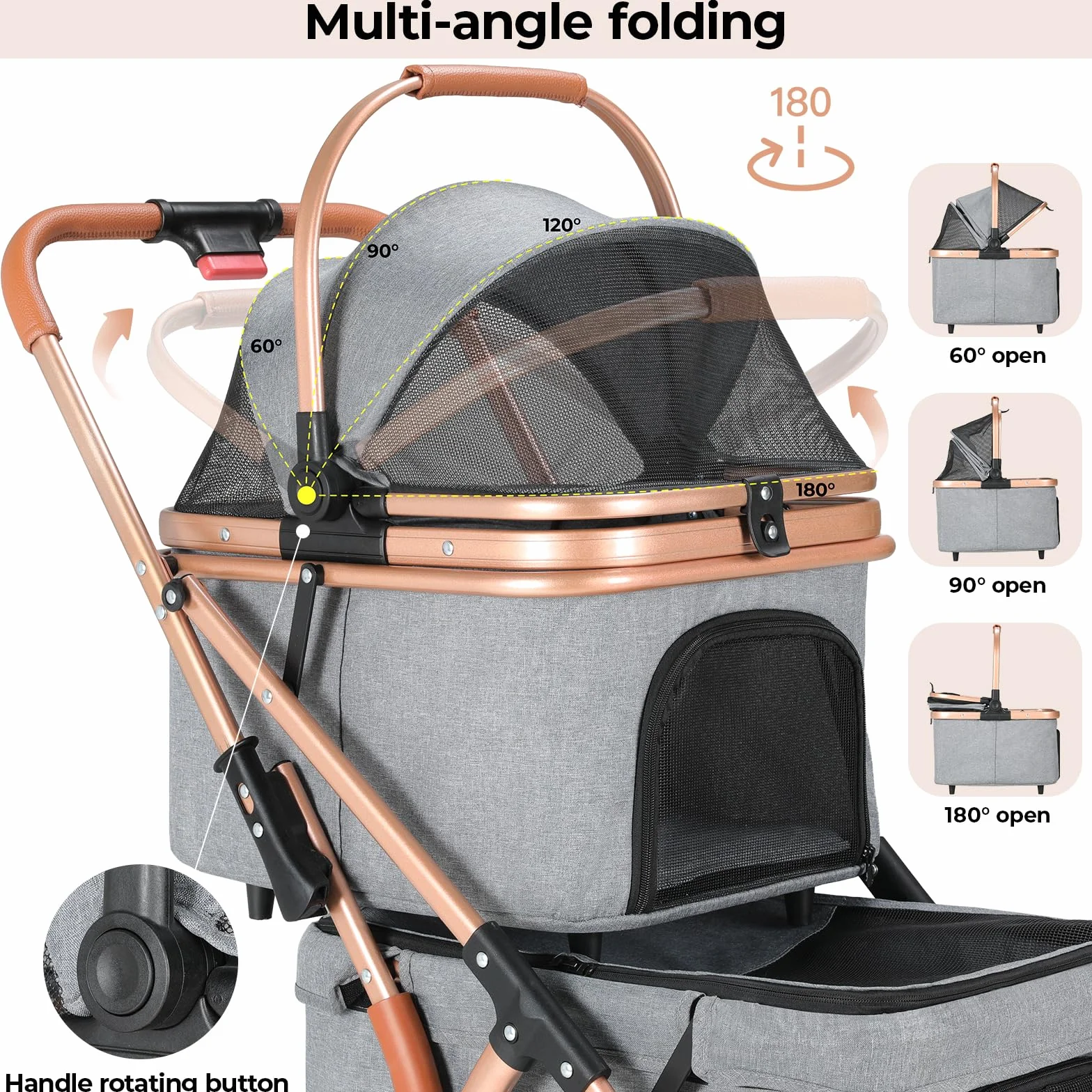 MAMIZO Passeggino Doppio Strato per Cani, Pieghevole Passeggino per Animali Domestici fino a 15 kg, Carrello per Cani con 4 PCS ruote, Passeggino Cane con Finestre a Rete e Portabevande, Grigio