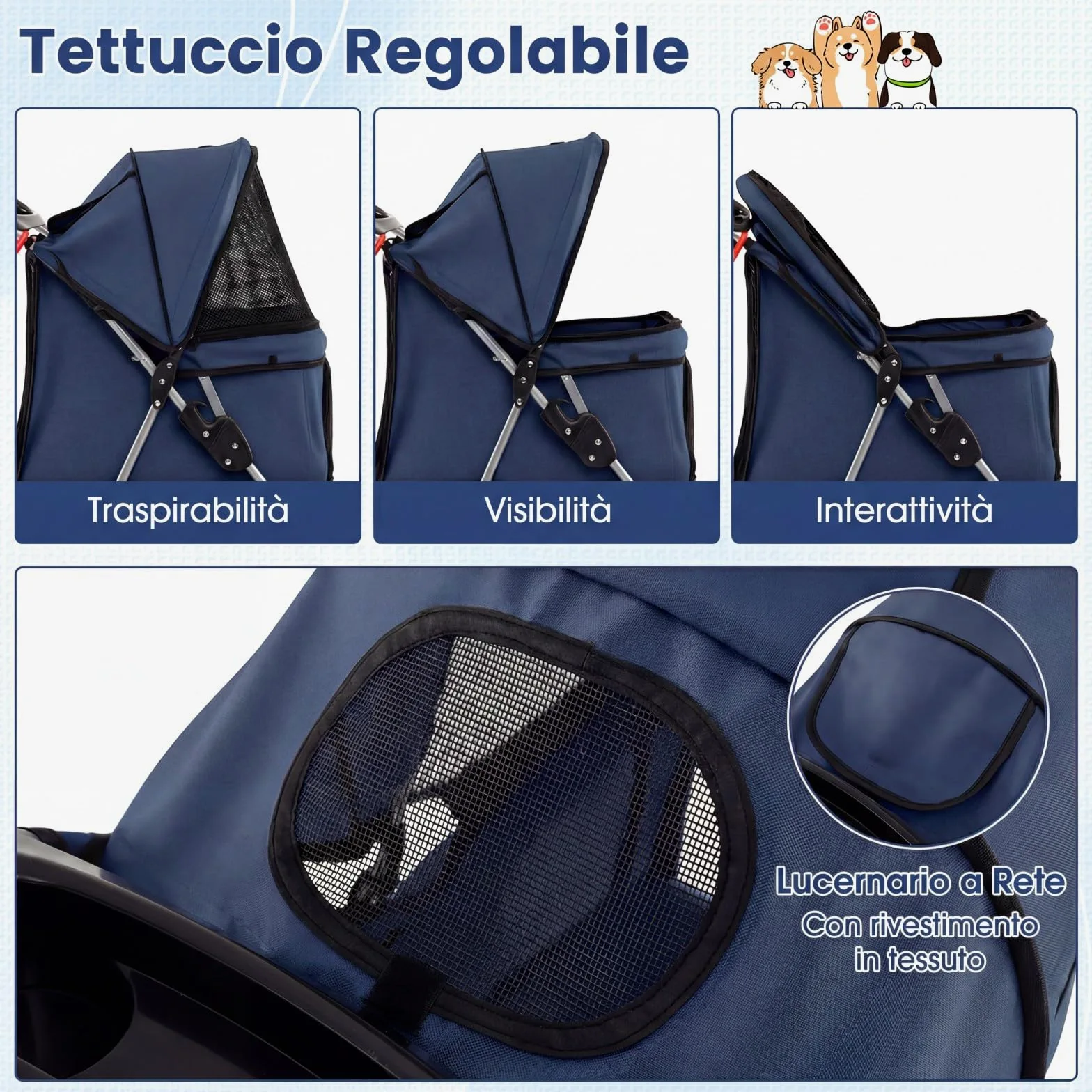 COSTWAY Passeggino per Cani Piccoli Pieghevole Facile, Carrozzina per Cani Portata Fino a 15 kg con Rete Traspirante e Copertura Impermeabile, Passeggino per Gatti per Viaggio (Blu)