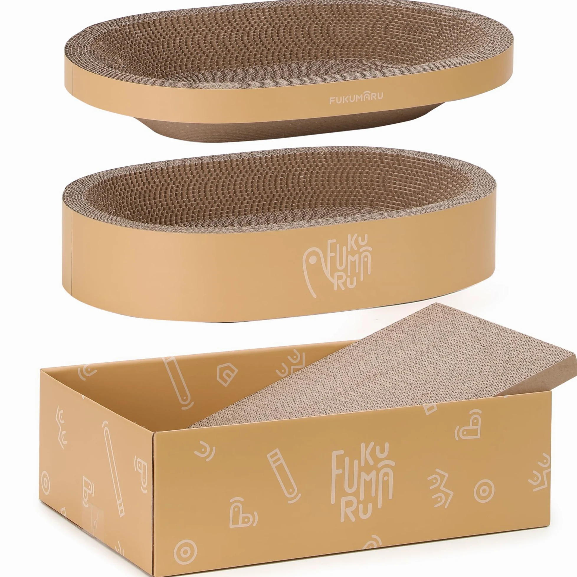 FUKUMARU Set 3 Pezzi Tiragraffi in Cartone per Gatti, Cuccia e Tiragraffi Ovale con Graffiatoio per Gatti Adulti Interni, Salvaspazio e Resistente, Protezione Divano e Mobili Interni.