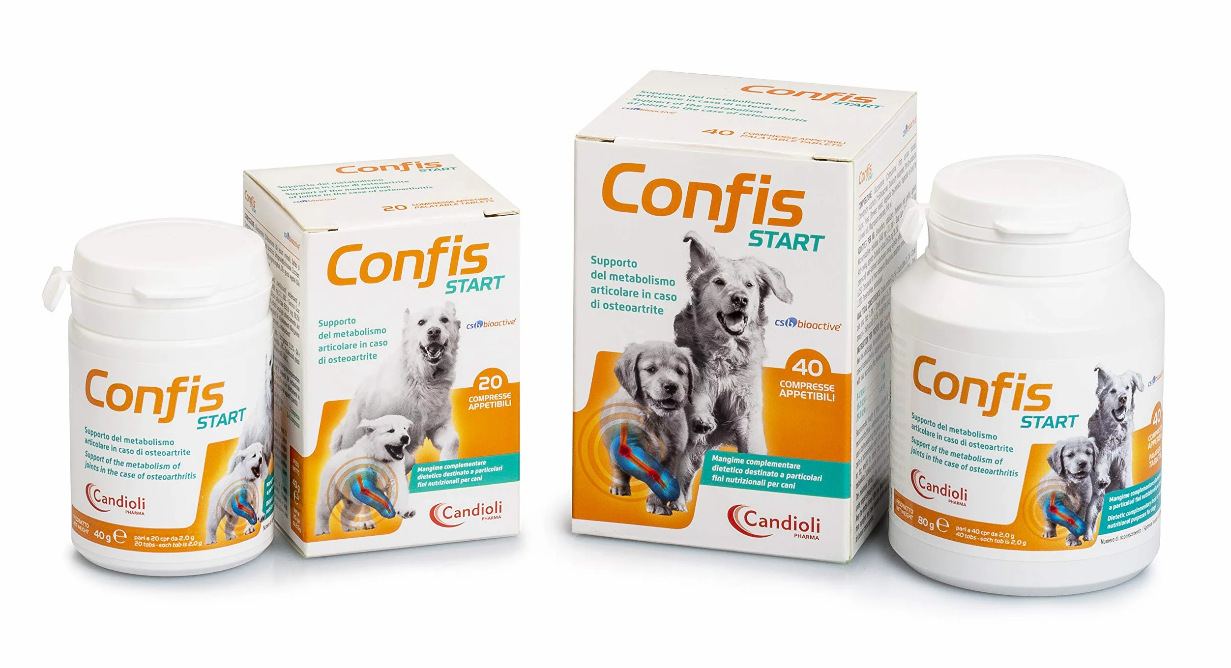 Candioli Confis Start - Supporto del metabolismo articolare in caso di osteoartrite per cani adulti e cuccioli, Barattolo da 40 compresse, 80 gr