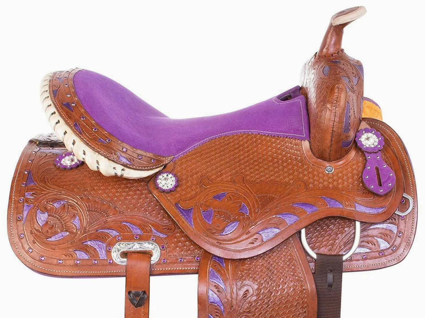 Sella per cavalli Western da corsa viola in pelle bovina di alta qualità per corse Western Show Set
