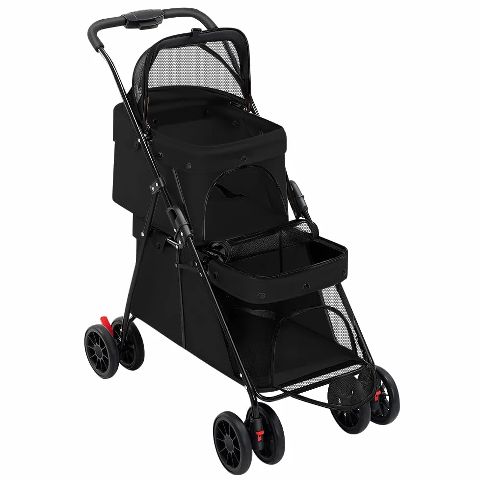 Passeggino a doppio strato, per cani, gatti, animali, viaggi, passeggino, pieghevole, cane, gatto, a quattro ruote, carrello, carrozzina, passeggino, passeggino, Buggy-67 x 50 x 95 cm, nero