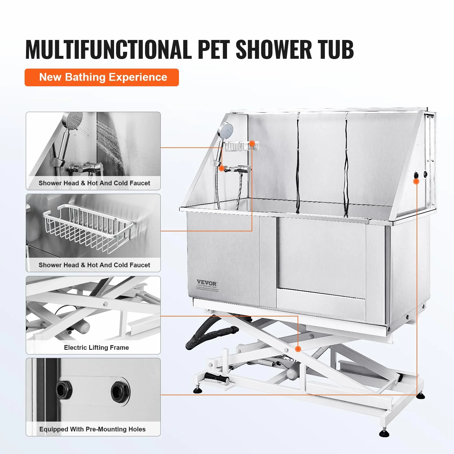 VEVOR Vasca da Bagno per Cani Animali Domestici Lunghezza max. 127 cm, Vasca per Toelettatura Cani in Acciaio Inox Vasca da Bagno Altezza Regolabile Elettrico per Animali Domestici Porta a Destra