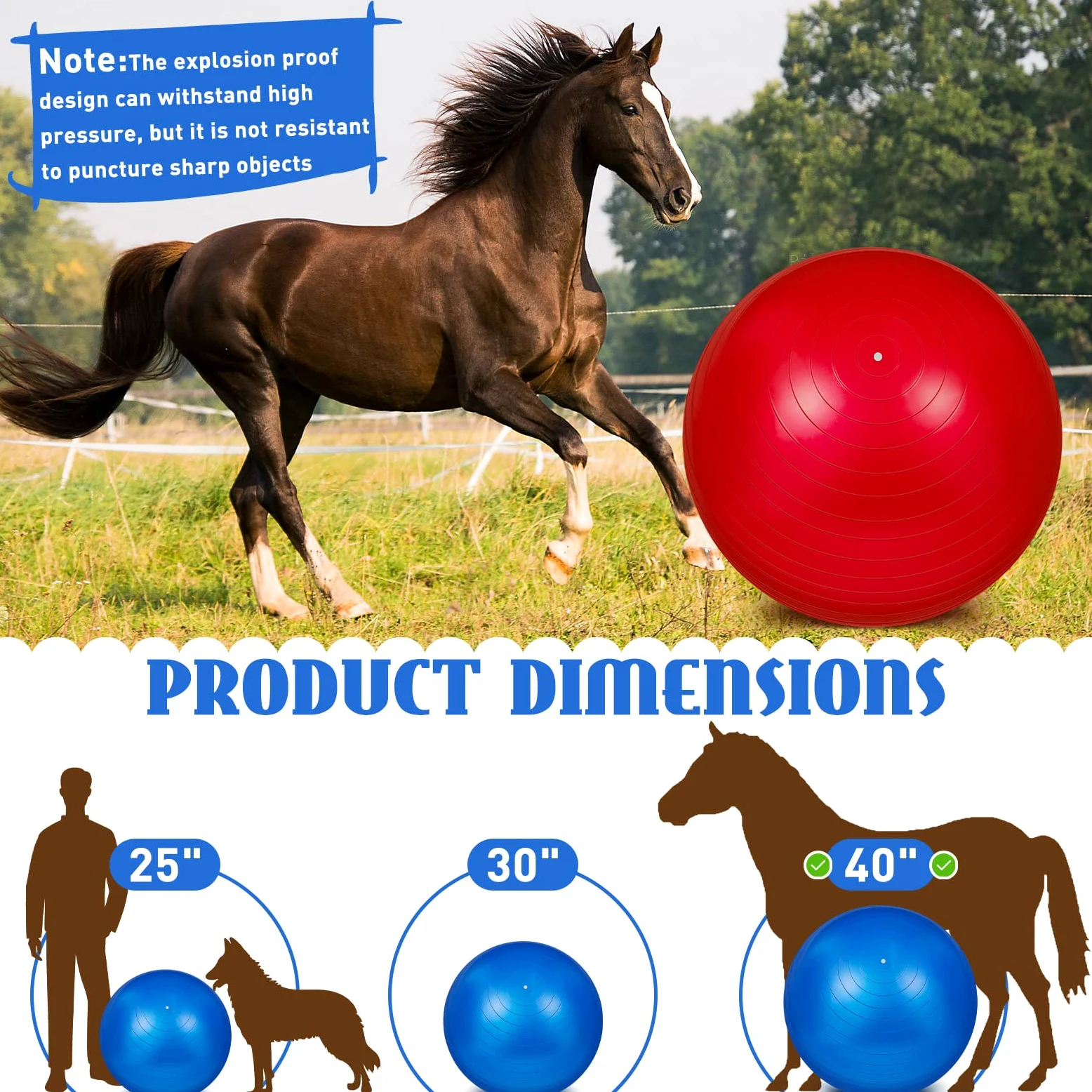 Sotiff 2 palline per cavalli da 101 cm per giocare, grandi palline da pastore per cavalli, anti-scoppio, gigante, giocattolo per cavalli, con pompa inclusa (blu e rosso, 100 cm)