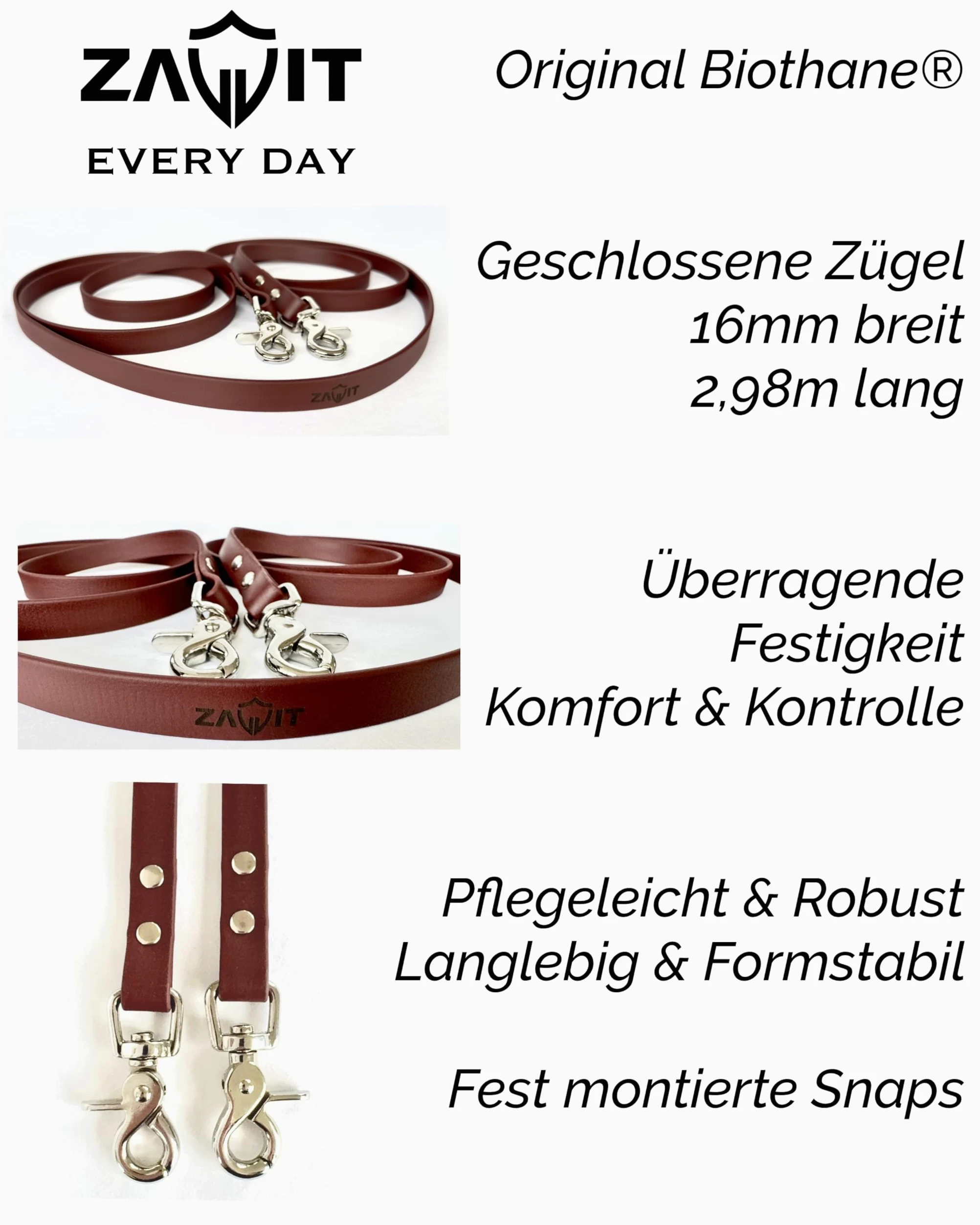 Redini BioThane chiusi con moschettone a forbice, larghezza 16 mm, lunghezza 3 m, marrone, morbide, piatte e facili da pulire, senza barre per allenamento e passeggiate