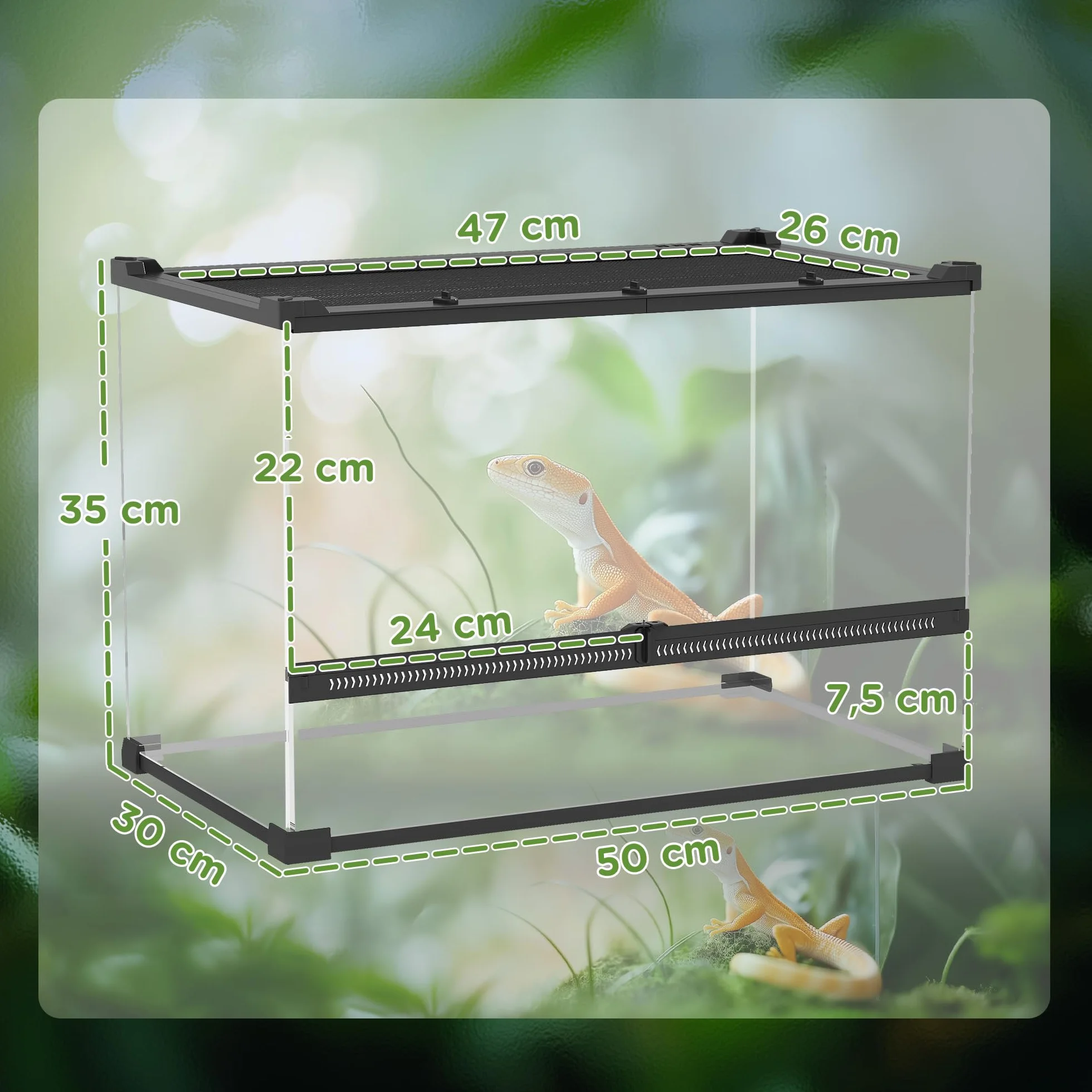PawHut Contenitore per rettili, contenitore per l'allevamento di rettili, habitat per terrario con chiusura di sicurezza a rotazione, ventilazione frontale, nessun assemblaggio richiesto, 50 x 30 x