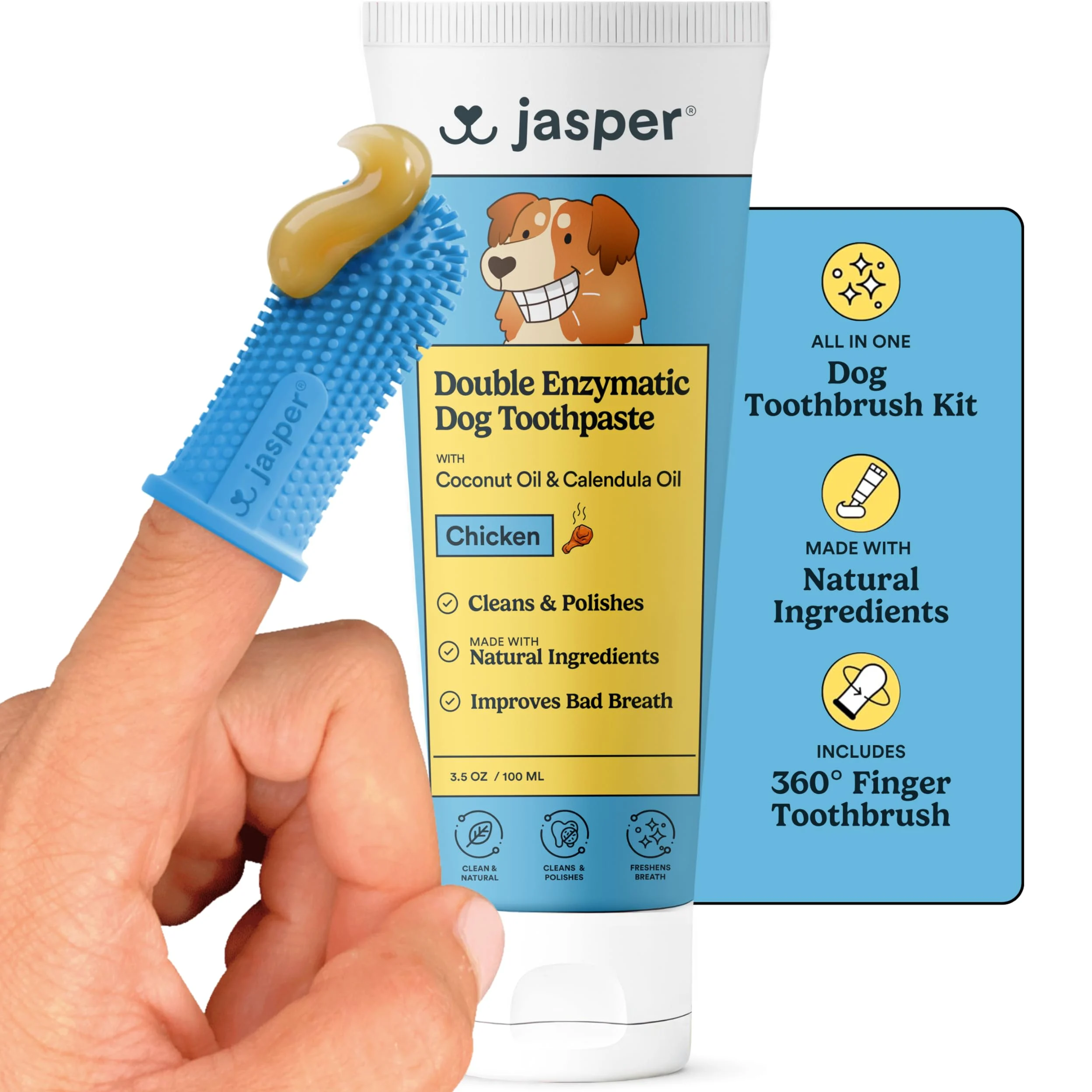 Jasper Kit di spazzolatura dei denti per cani e kit di dentifricio per cani 360 Spazzolino da denti per cani Rimozione enzimatica della placca Imporve alito cattivo Dentifricio naturale per animali