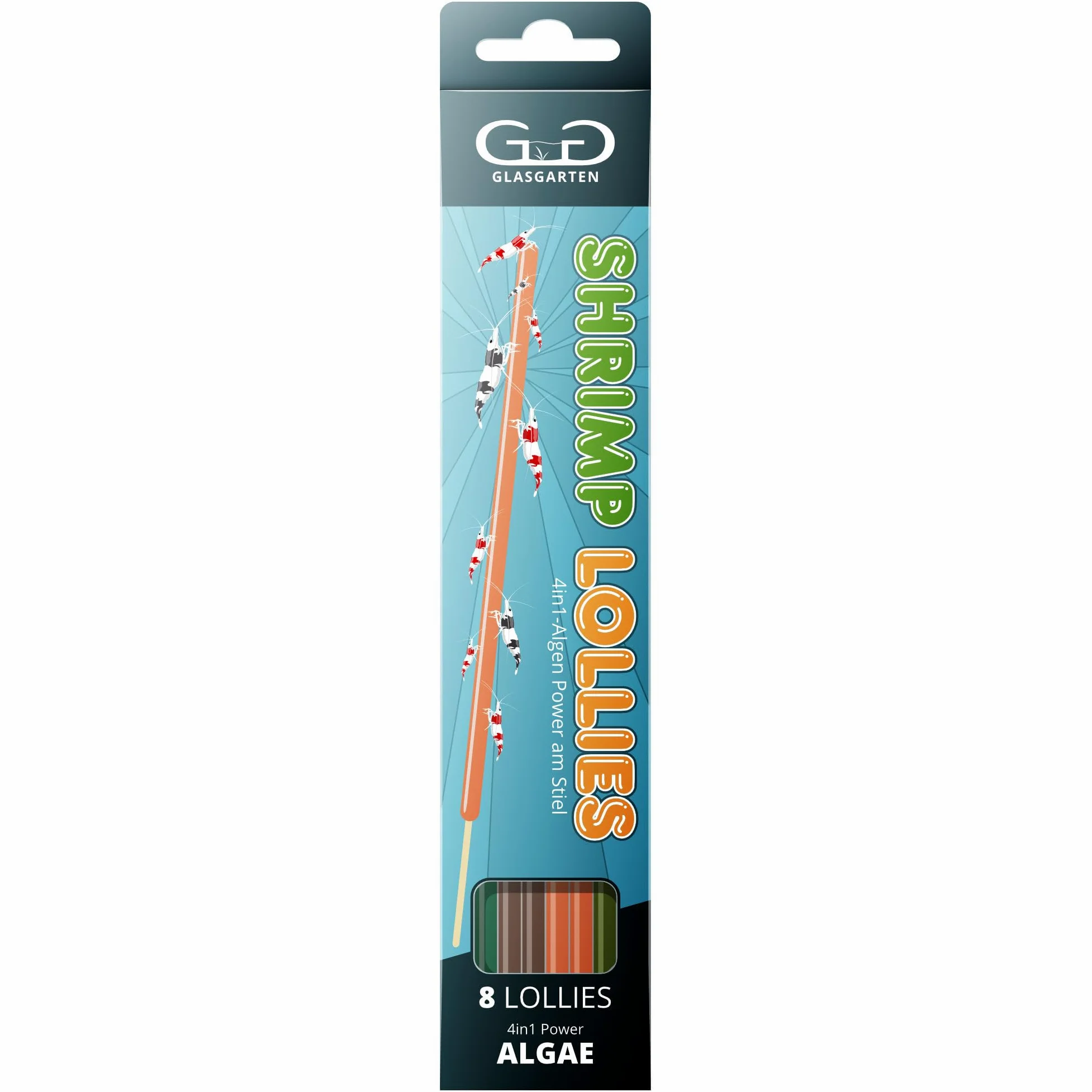 GlasGarten Shrimp Lollies 4 in 1 Algen Power | 8 pezzi / 20 cm – Bastoncini per mangime per gamberetti decorativi, con 4 diversi sapori, pasta di alta qualità in stile