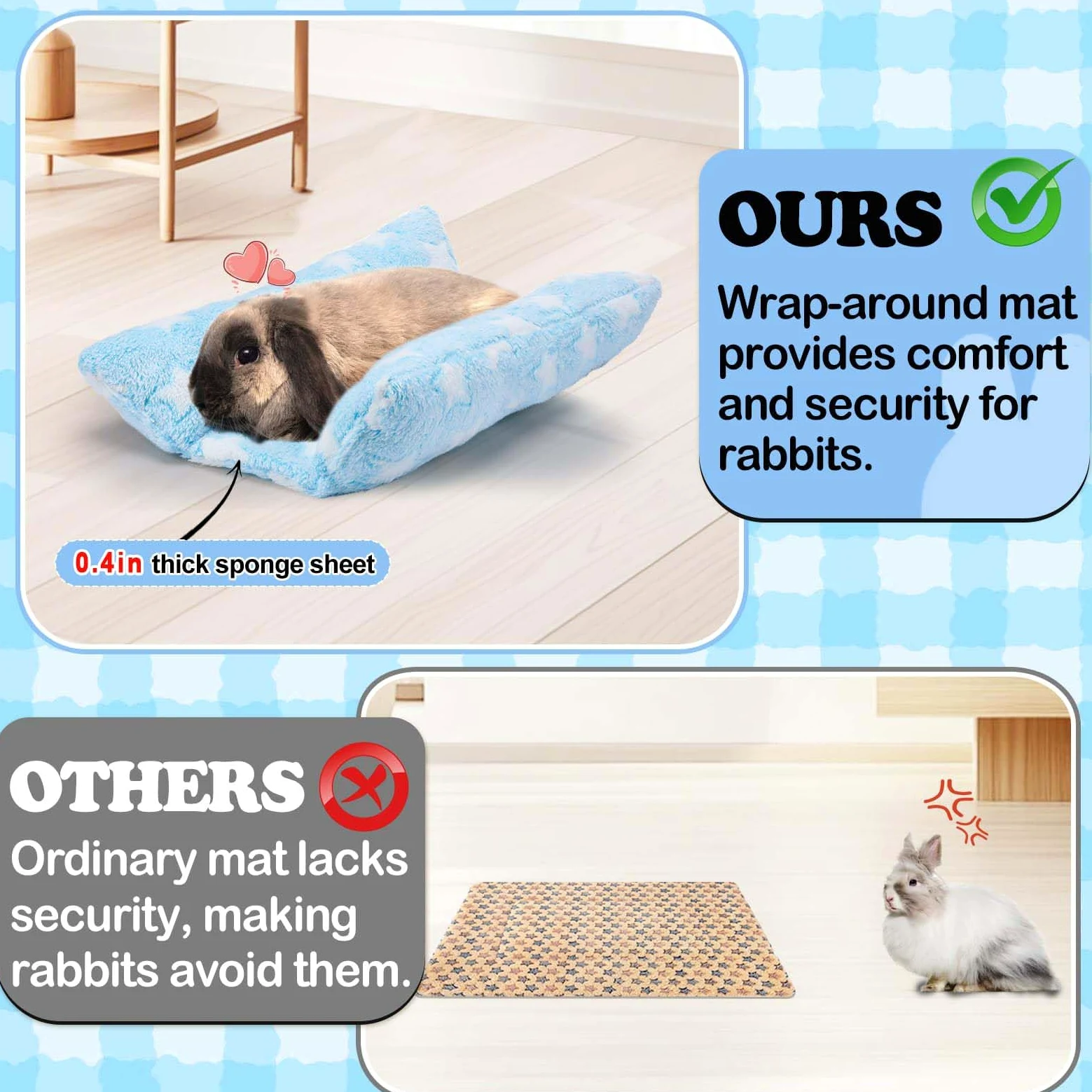 MEWTOGO Letto per coniglio, 30 x 35 cm, morbido letto concavo addensato, cuscino in peluche con cuscini in cotone per dormire in gabbia, idea regalo per coniglietti al coperto, celeste con stelle
