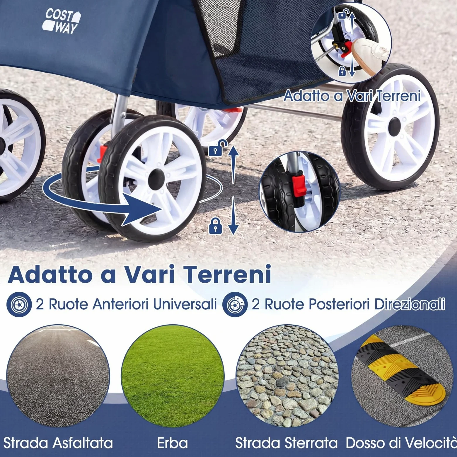 COSTWAY Passeggino per Cani Piccoli Pieghevole Facile, Carrozzina per Cani Portata Fino a 15 kg con Rete Traspirante e Copertura Impermeabile, Passeggino per Gatti per Viaggio (Blu)