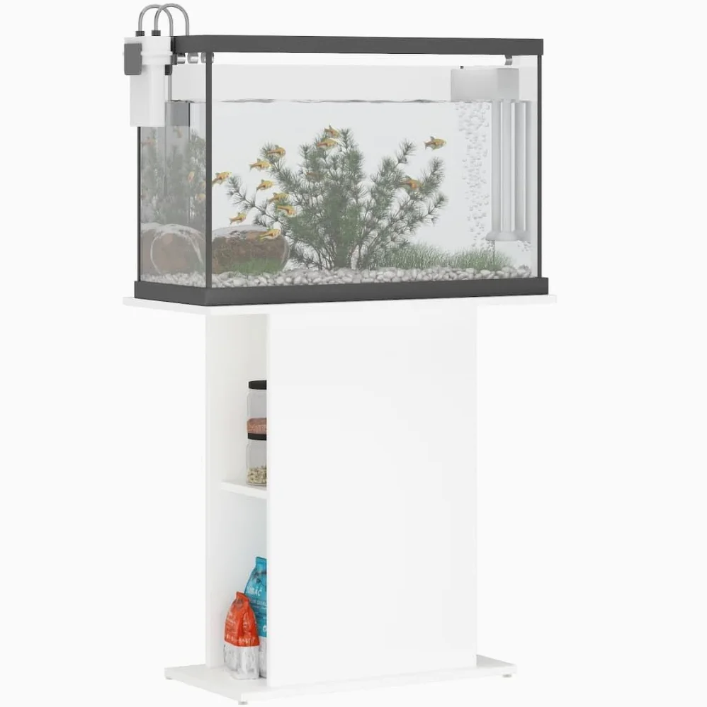 Supporto per acquario, bianco, 75 x 36 x 72,5 cm, in legno, stabile armadietto per acquario con scomparti aperti per riporre mangime per pesci e accessori, design sottile per soggiorno