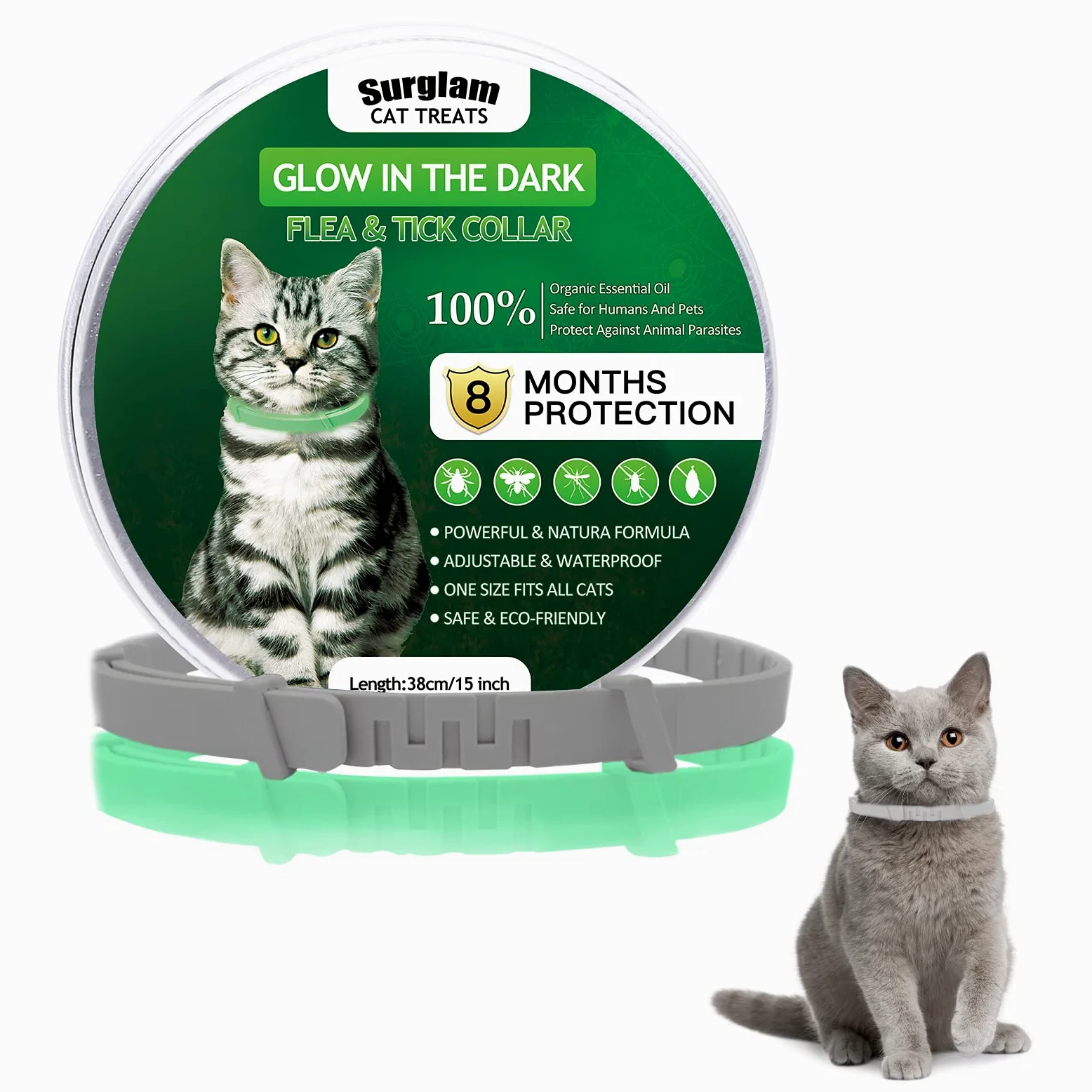 Collare Antiparassitario per Gatti, Collare Antipulci per Gatti Impermeabile Regolabile Naturale con Protezione di 8 Mesi, Si Illumina al Buio, Soluzione Sicuro Contro i Parassiti per Gatto