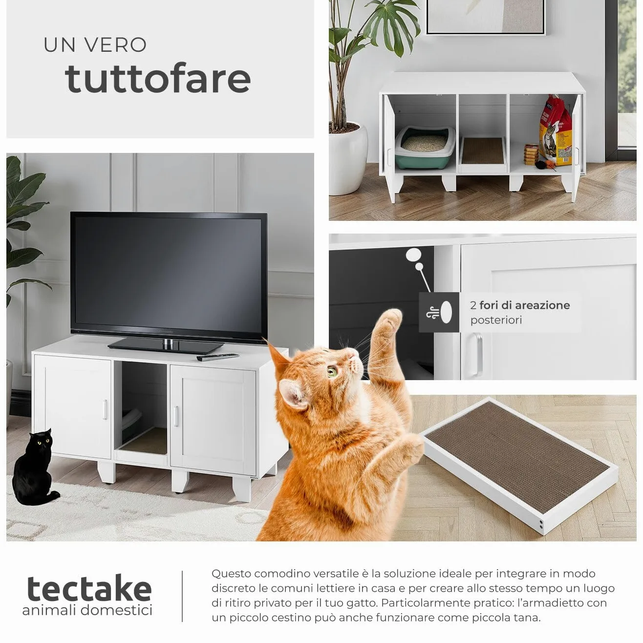 tectake® Mobile lettiera gatto chiusa a due ante, ingresso centrale, tappetino tiragraffi, mobiletto lettiera gatto, armadietto per lettiera gatti, ante magnetiche - 120 x 52 x 65 cm - Bianco