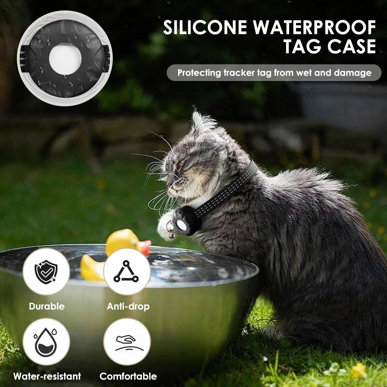 Localizzatore GPS per gatti, impermeabile, per gatti, con fibbia elastica di sicurezza, funziona con qualsiasi collare, compatibile con Apple Find My App (solo iOS), senza canone mensile, nero
