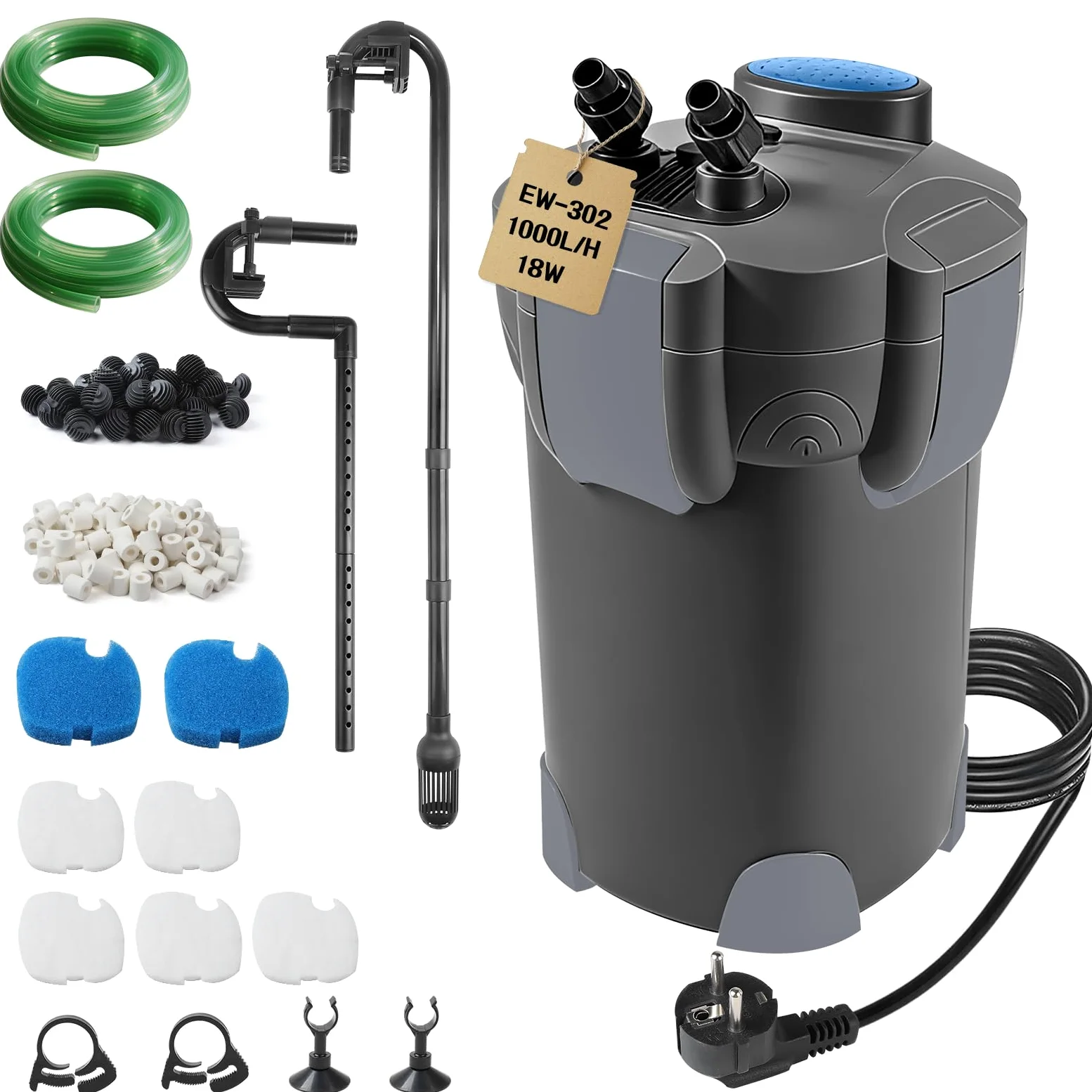 EXLECO Filtro Esterno Acquario 1000L/H 18W Pompa Filtro Acquari Regolabile, Filtrazione a 3 Stadi Filtri Acquario Esterni con Materiale Filtrante e Tubo Aria per Acquari Fino a 300 Litri Nero