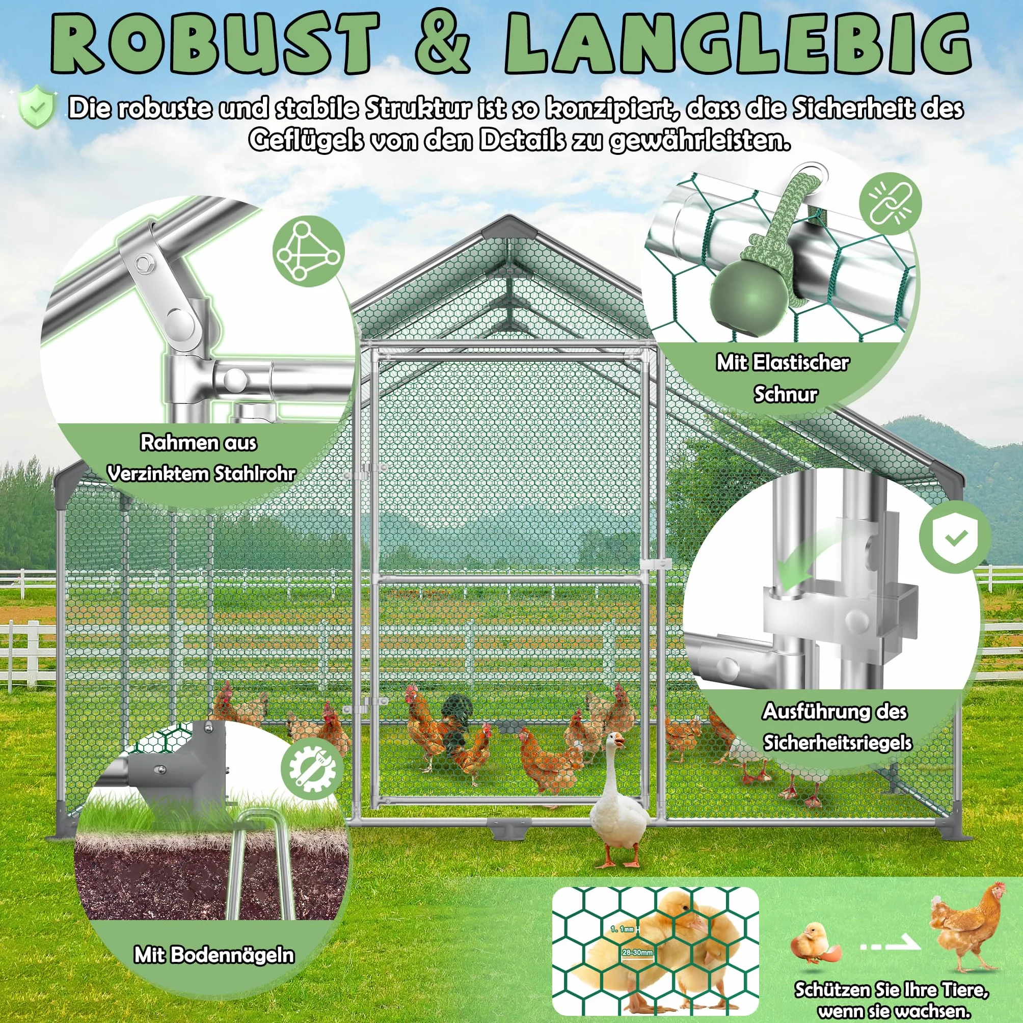 Froadp Pollai e Gabbie in Acciaio Zincato per Galline Uccelli da Esterno Gabbia con PE Tetto Parasole e Lucchetto Grande Recinto di Pollo Voliera per Animali Conigli Polli Cucce (3x2x2m, 6㎡)