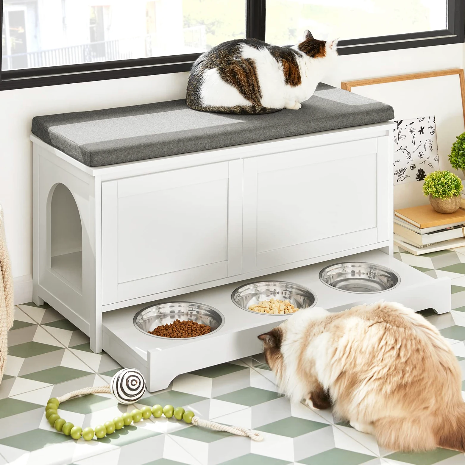 SoBuy Cuccia per gatti con ciotola per gatti in acciaio Inossidabile Panca con seduta Casetta per gatti Bianco 90x36x44cm FSR136-W