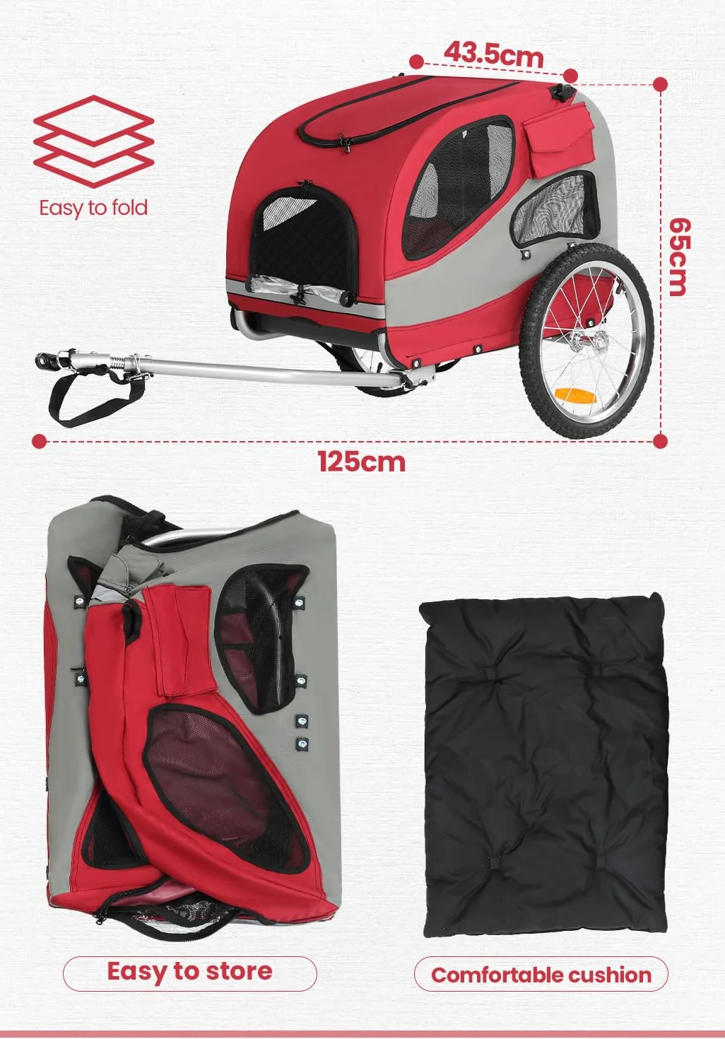 Sepnine Rimorchio per bicicletta per cani – Pieghevole con riflettori di sicurezza, borsa portaoggetti, imbottitura integrata e corde di sicurezza, portata massima