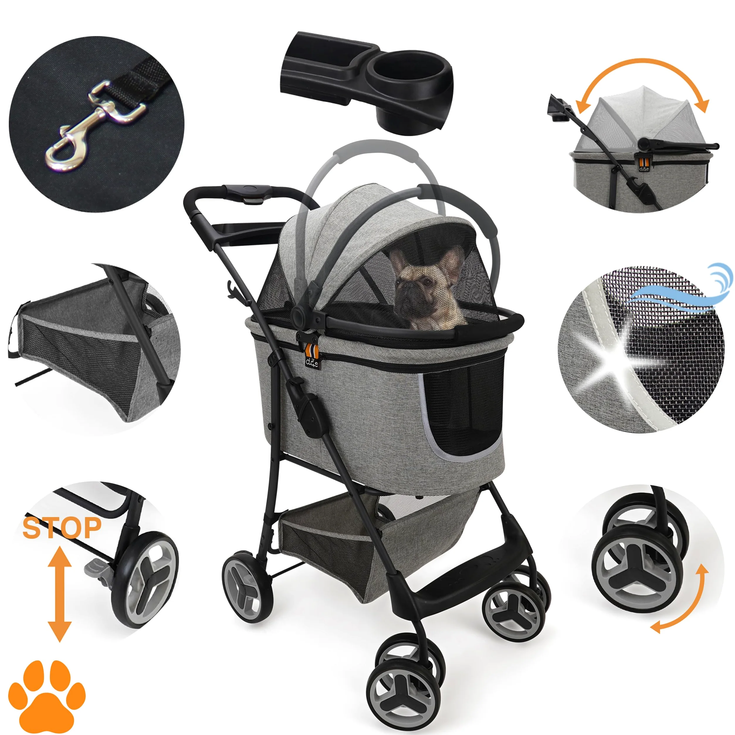 Mod. CECE 2 in 1 - Passeggino per animali, con cestino per spesa o accessori, pieghevole con una mano, utilizzabile col telaio della carrozzina o staccabile come trasportino, grigio melange