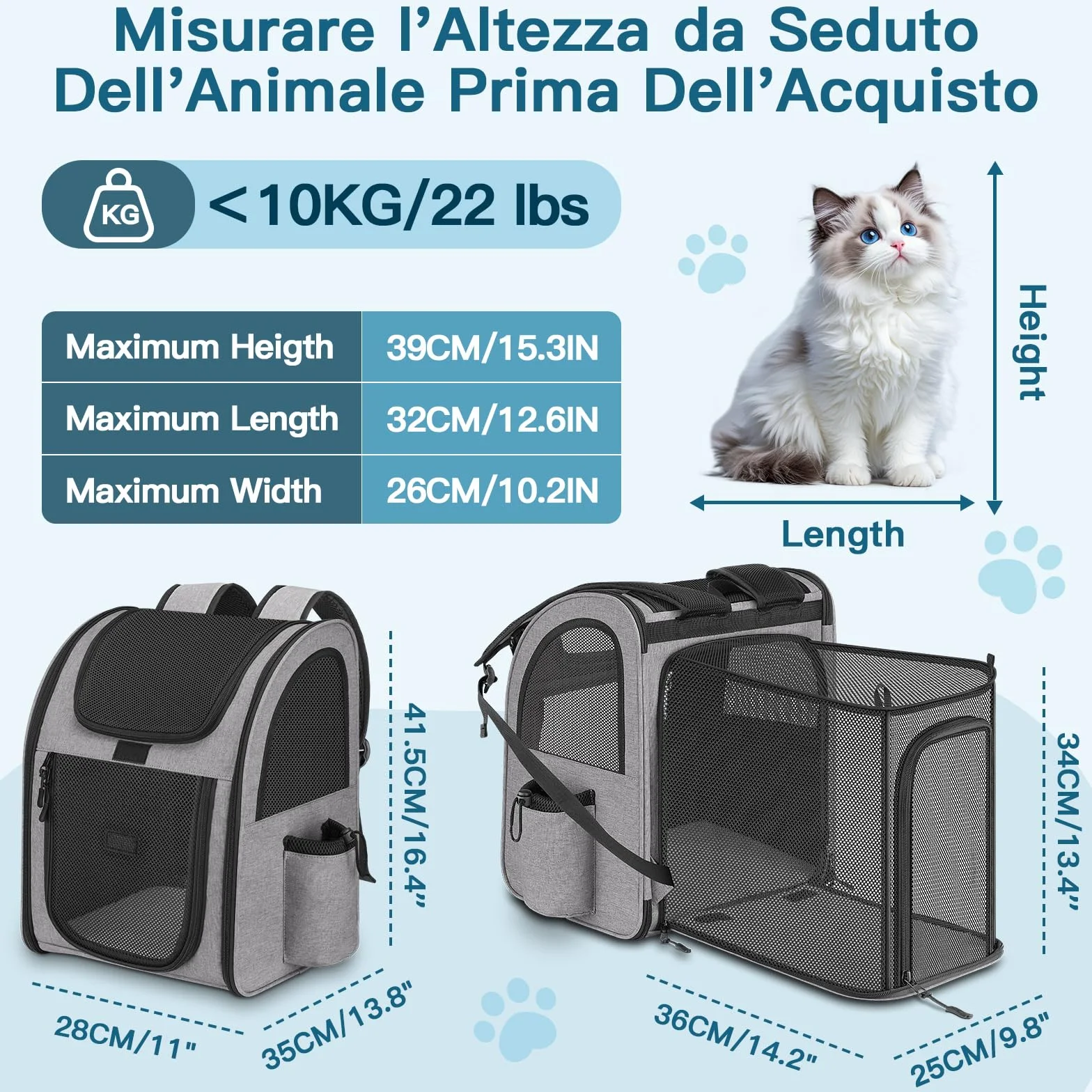 Zaino per Cani Gatti Estensibile, Zaino Gatto Cane 10 kg, Traspirante Zaino Porta Cane Gatto con Finestra a Rete, Zaino Trasportino Gatto Cani con Guinzaglio Interno e Tappetino per Viaggi - Grigio