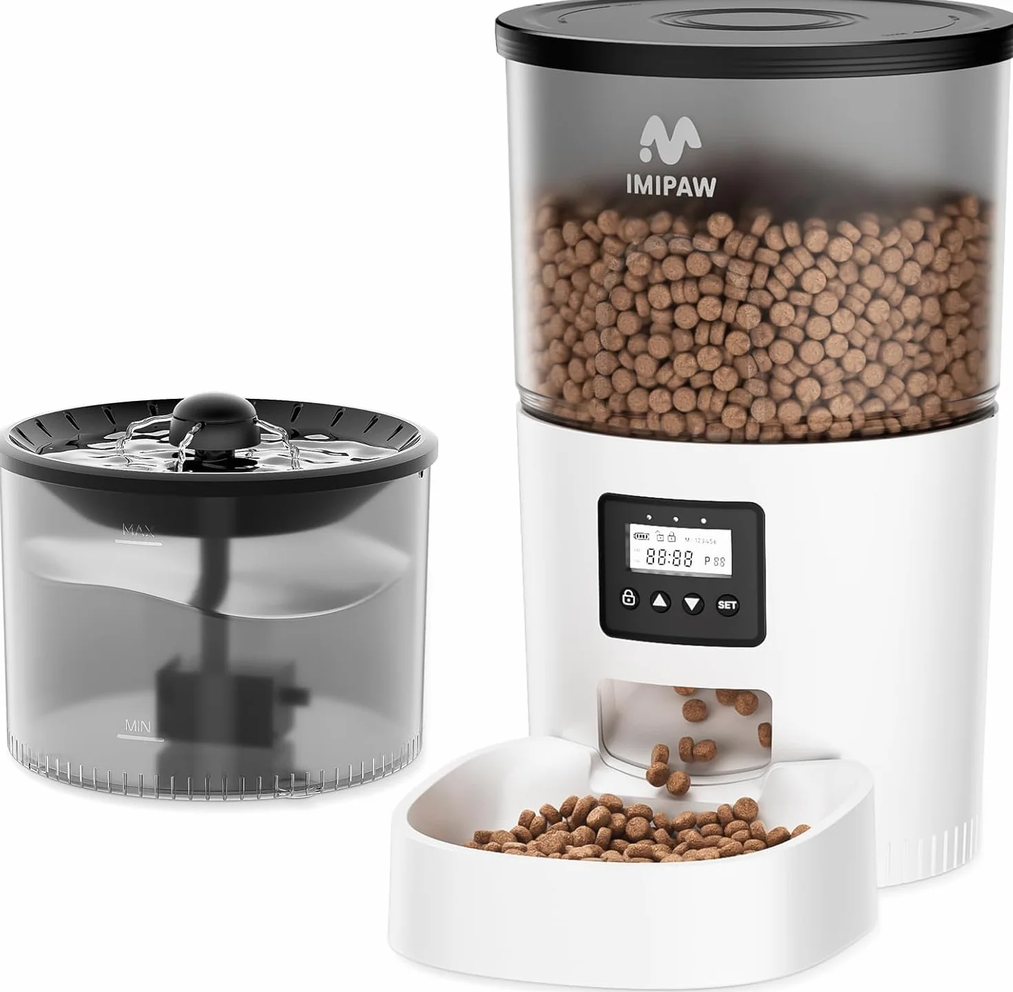 IMIPAW Distributore Automatico di Cibo per Gatti con Fontanella - Combo 3L | Dispenser Programmabile per Cani e Gatti, 1-6 Pasti al Giorno, Fontana con Filtro